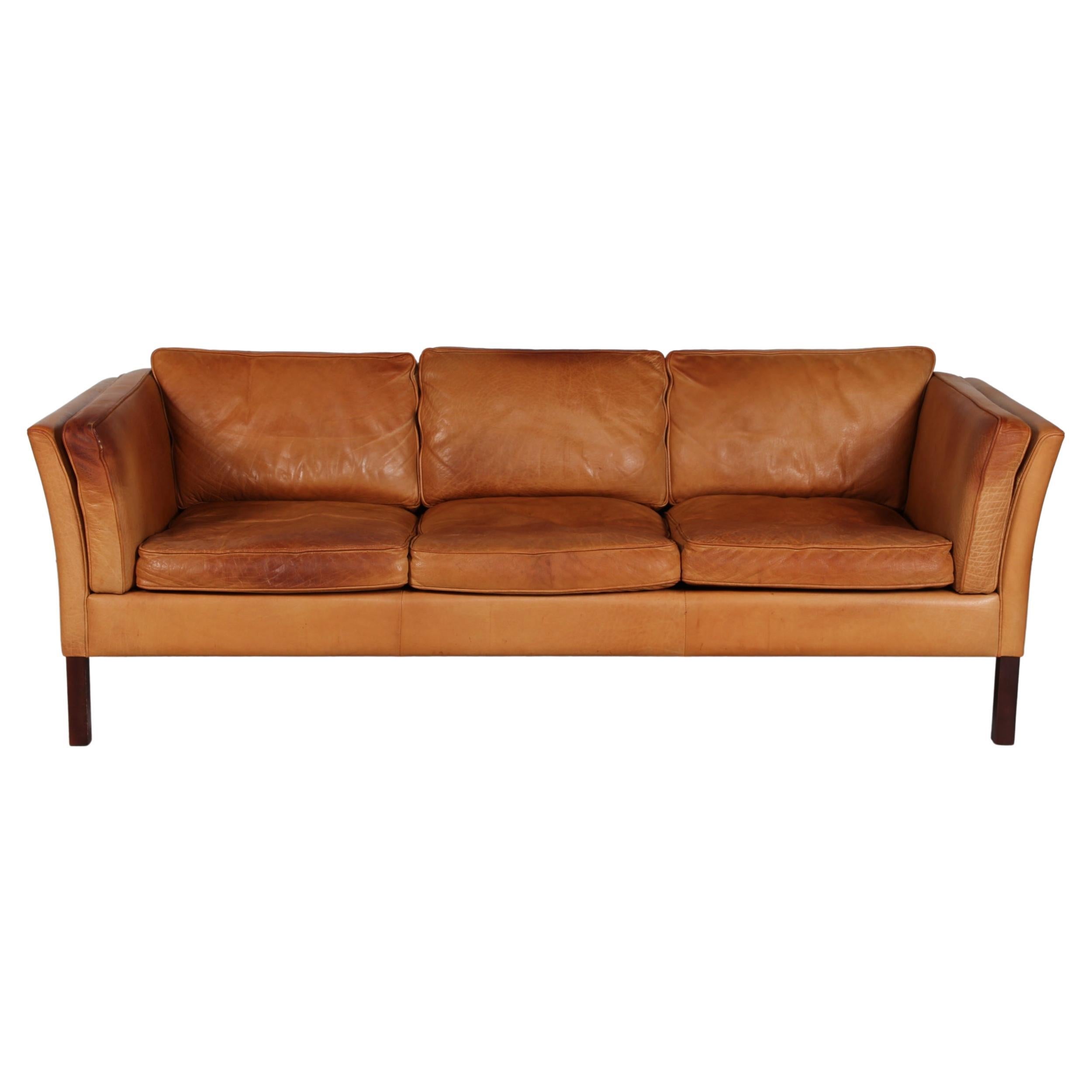 Danish Modern 3-Seat Sofa with Patinated Cognac-Colored Leather 1970s by Stouby