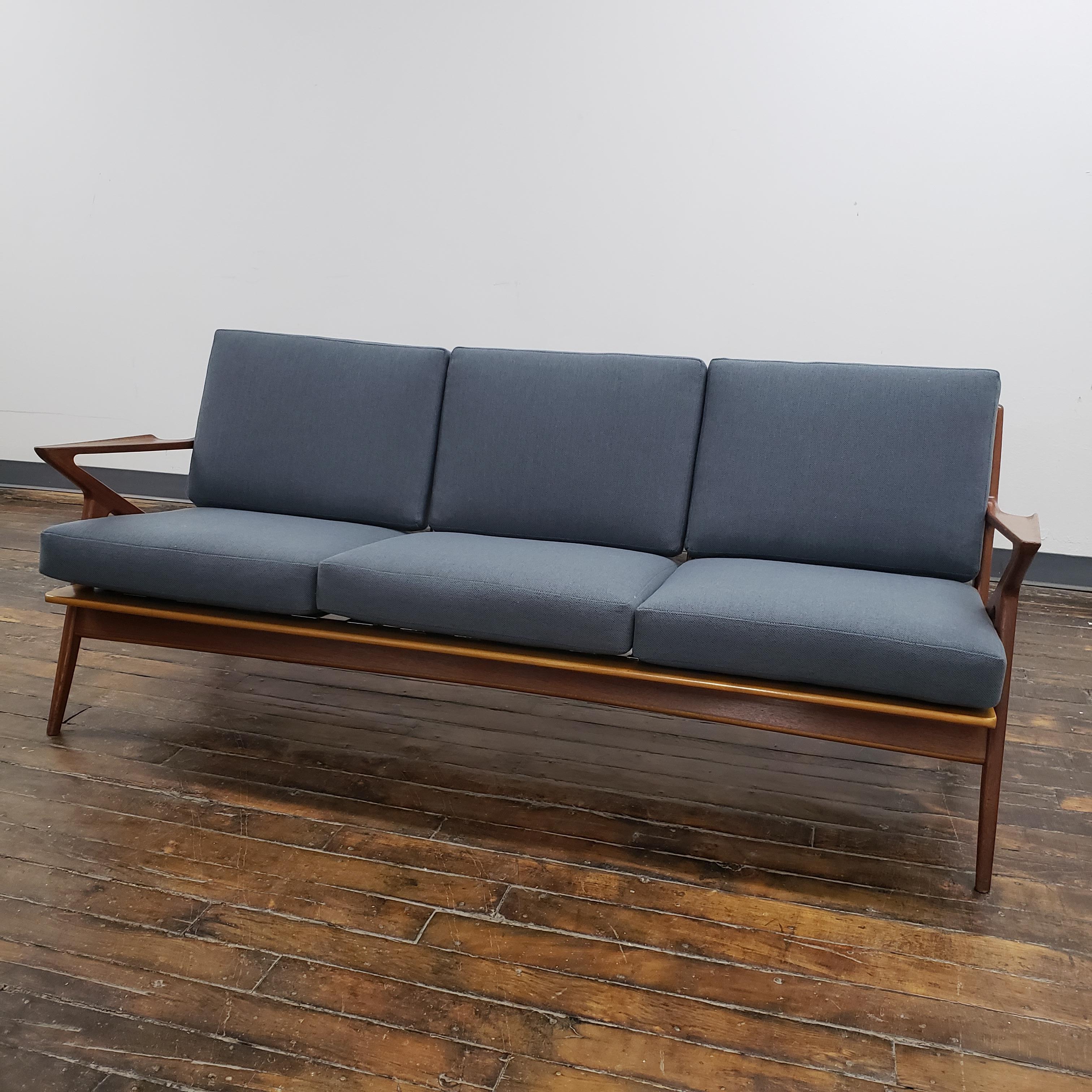 Classic Danish modern 3-seat sofa by Poul Jensen for Selig. 1960s, retains original Selig medallion, professionally refinished teak with new Evans clips and Pirelli rubber straps, new cushion inserts and new Maharam fabric.