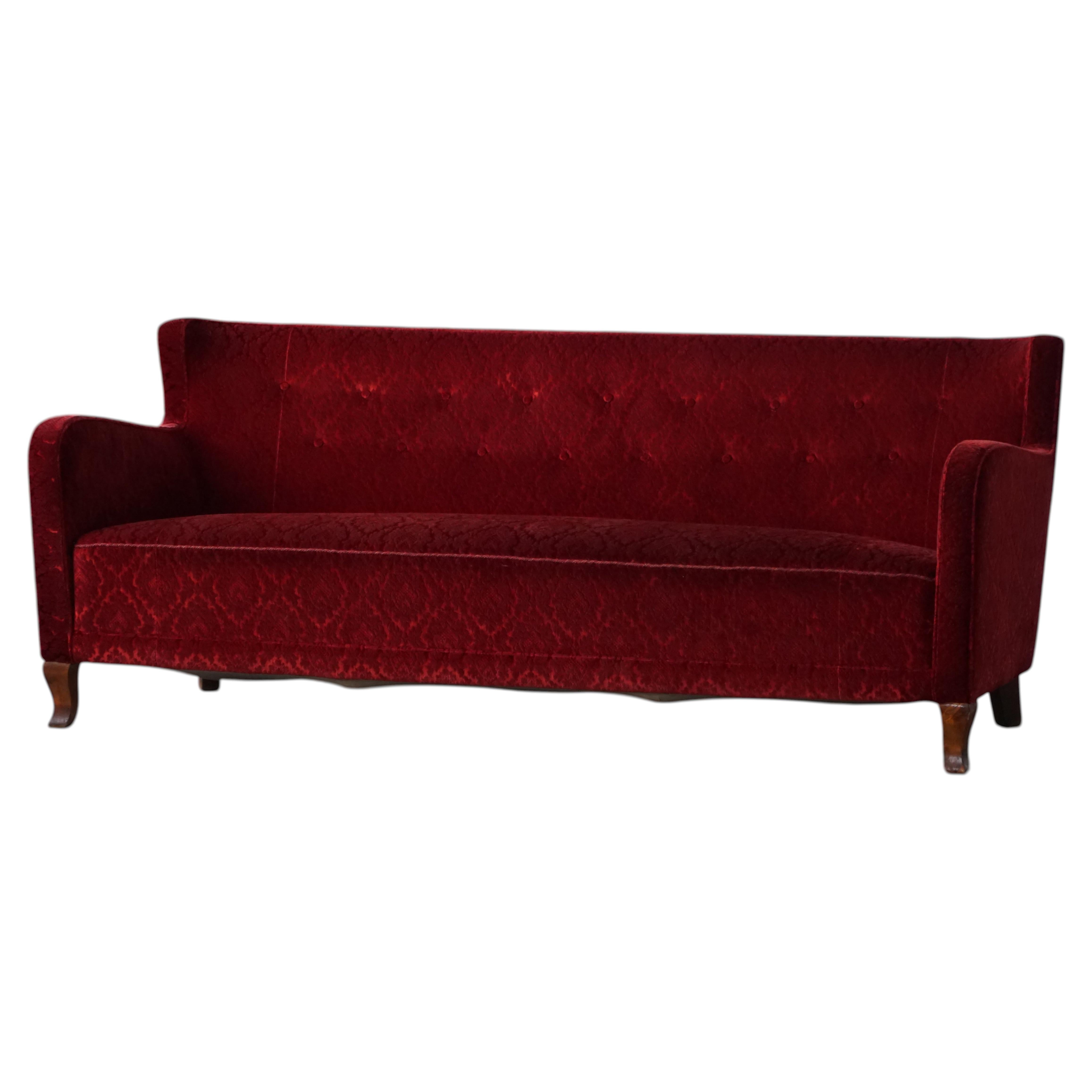 Danish Modern, 3-Seater Sofa in Red Velvet, Fritz Hansen Style, 1940s