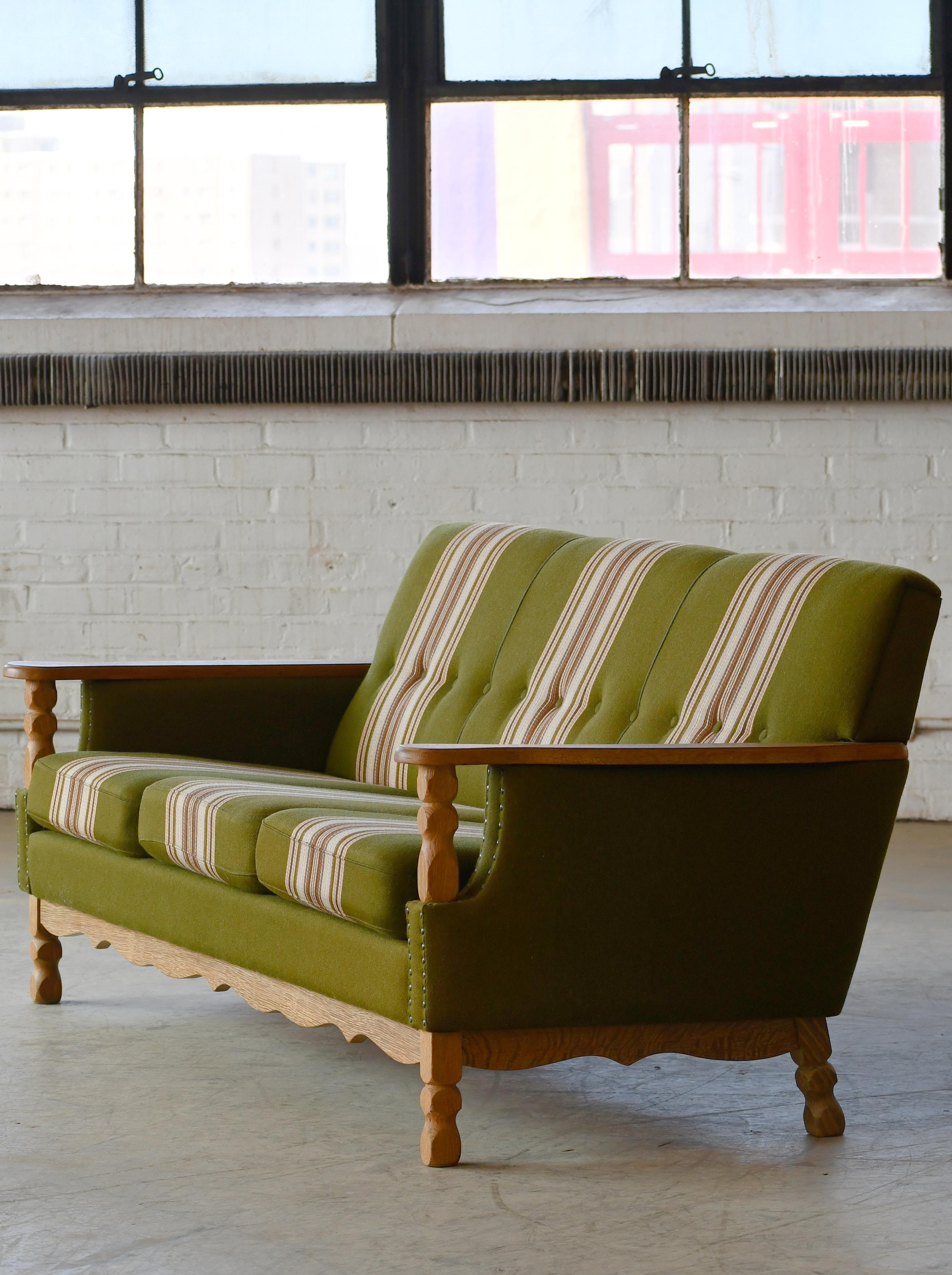 Danish Modern 3-Seater Sofa in Solid Oak attributed to Henry Kjærnulf, 1960s For Sale 1