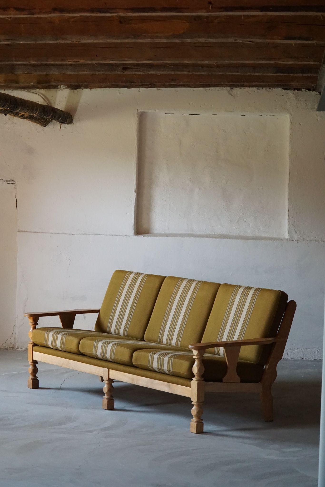 Fabric Danish Modern 3-Seater Sofa in Solid Oak, Henning Kjærnulf Style, 1960s