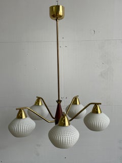 Danish Modern 5-Arm Chandelier, Teak & Brass, Textured Opaline Glass, 1960s