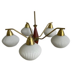 Danish Modern 5-Arm Chandelier, Teak & Brass, Textured Opaline Glass, 1960s