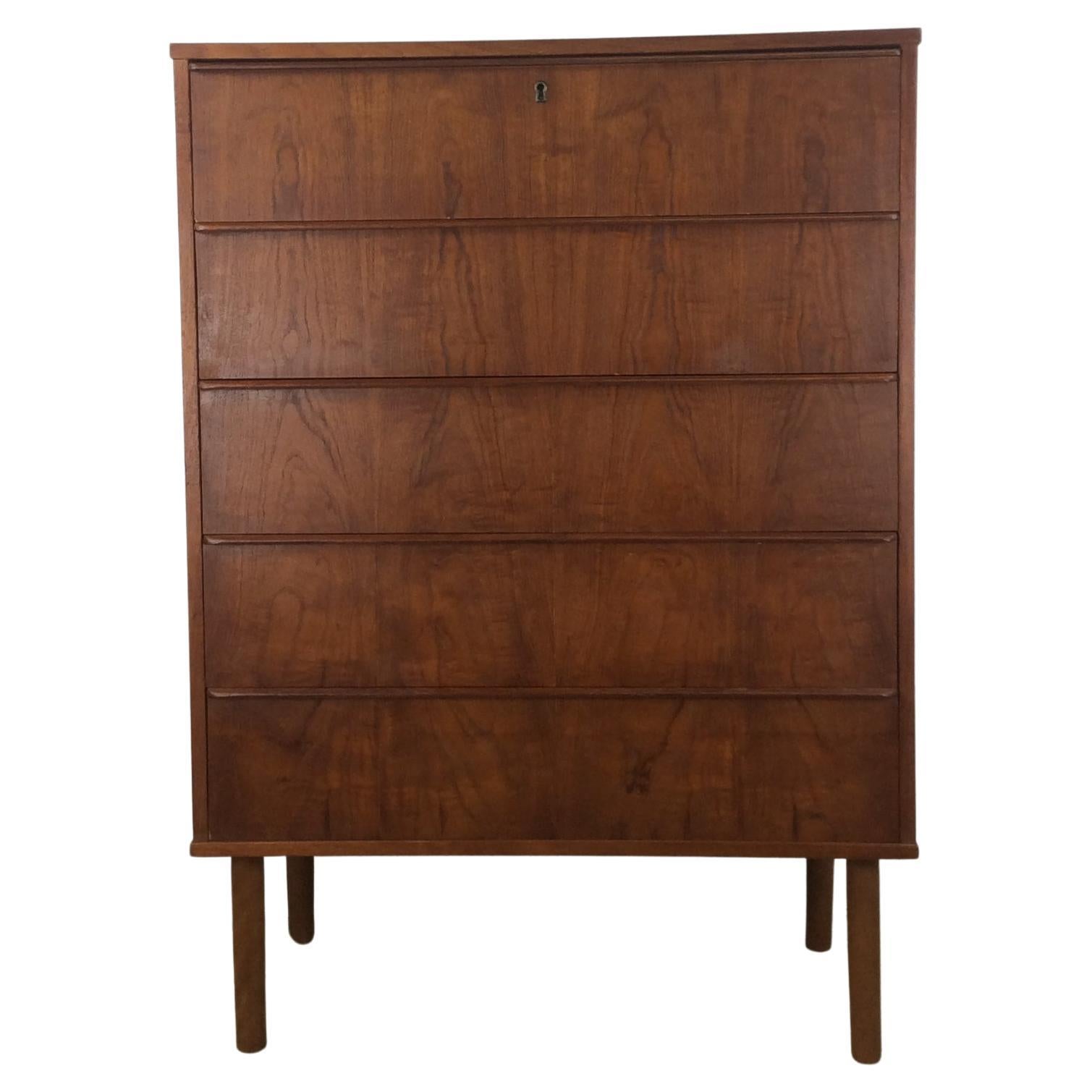 Danish Modern 5 Drawer Highboy Dresser with Lock & Key