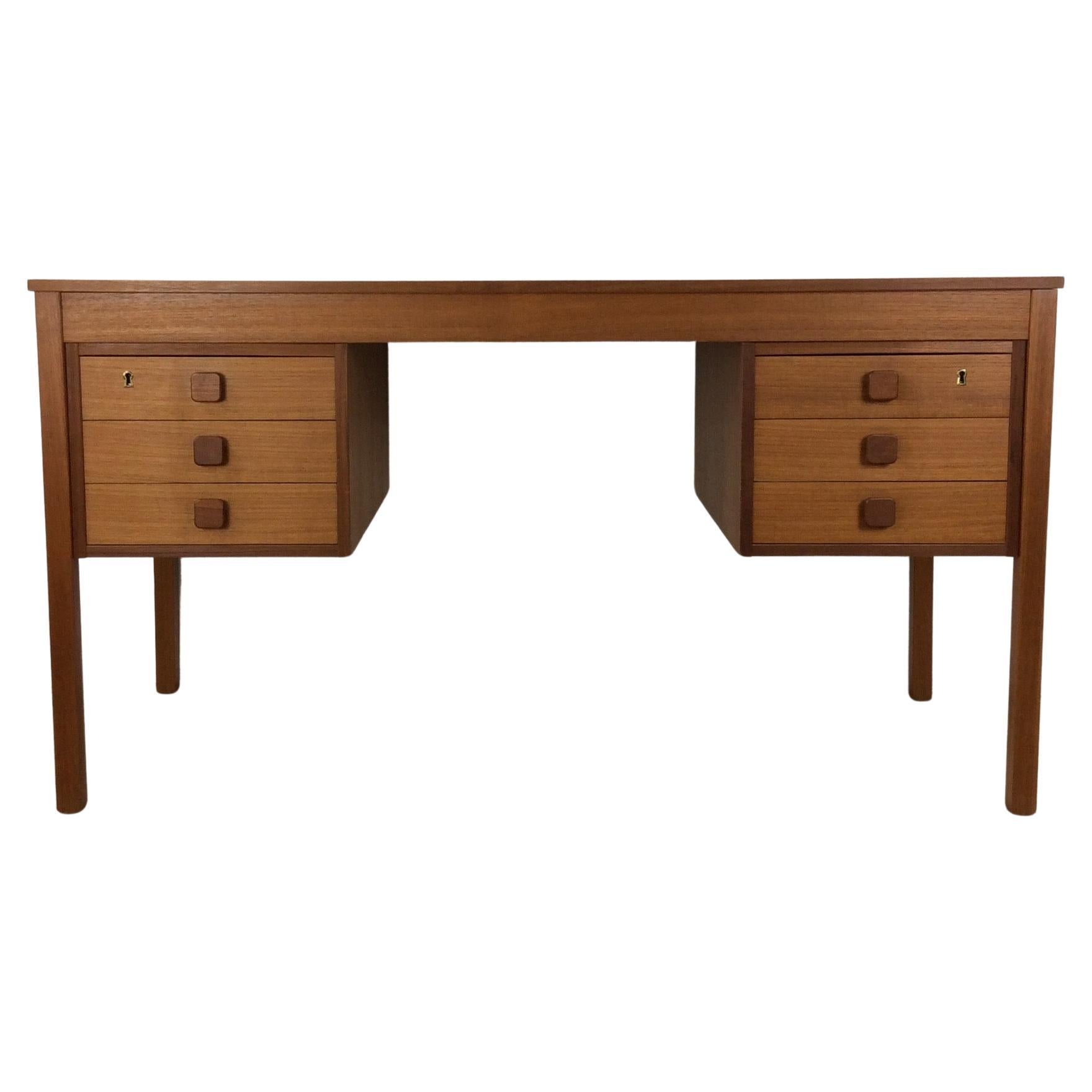 Danish Modern 6 Drawer Writing Desk with Lock & Key