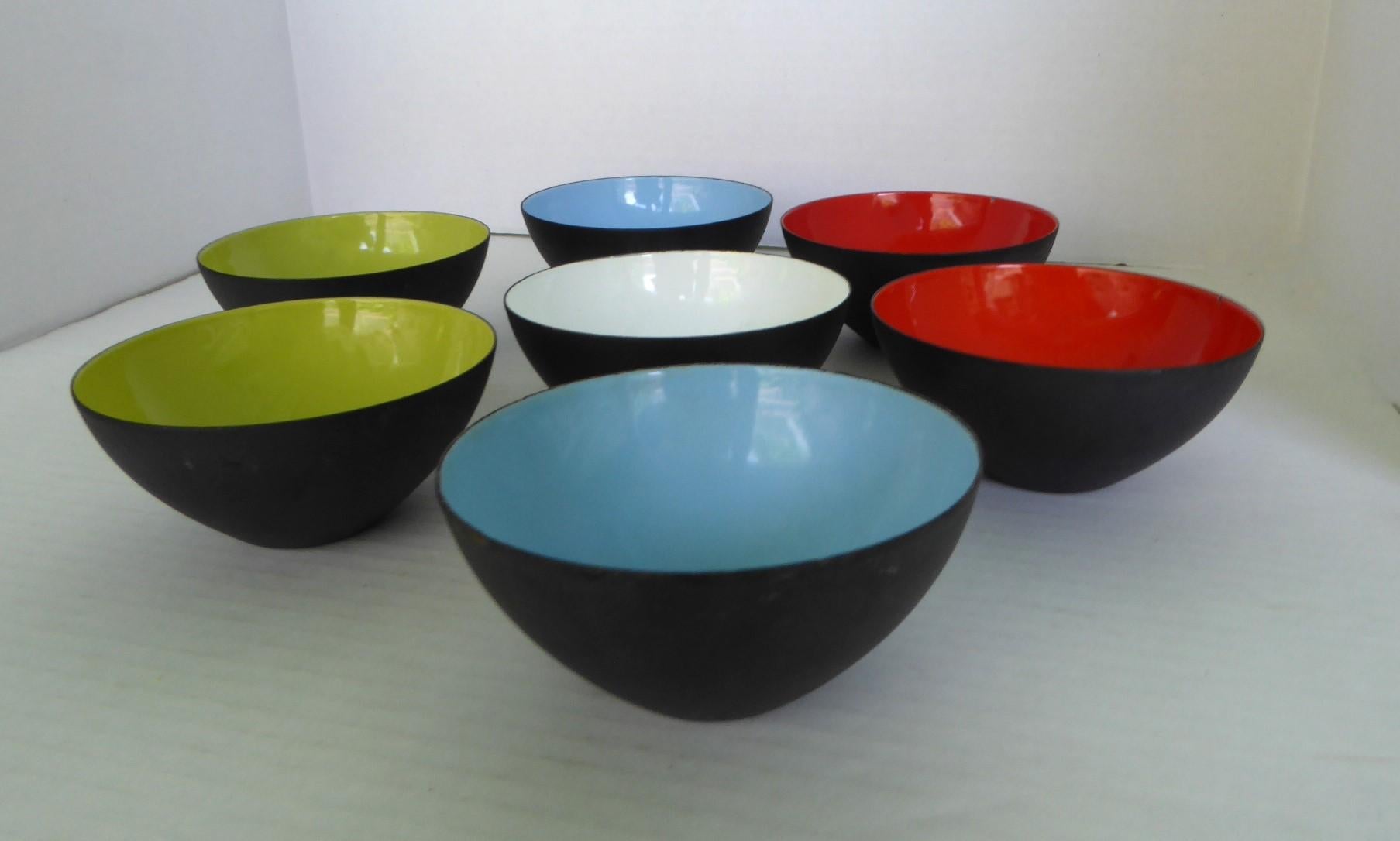 A set of Danish Mid Century Modern 7 Krenit Bowls in the original first size, 4. 90 “diameter, that was created by Herbert Krenchel in 1953.  Torben Orskov of Denmark was the original retailer of the Krenit bowls until 1964. The Krenit came in 9