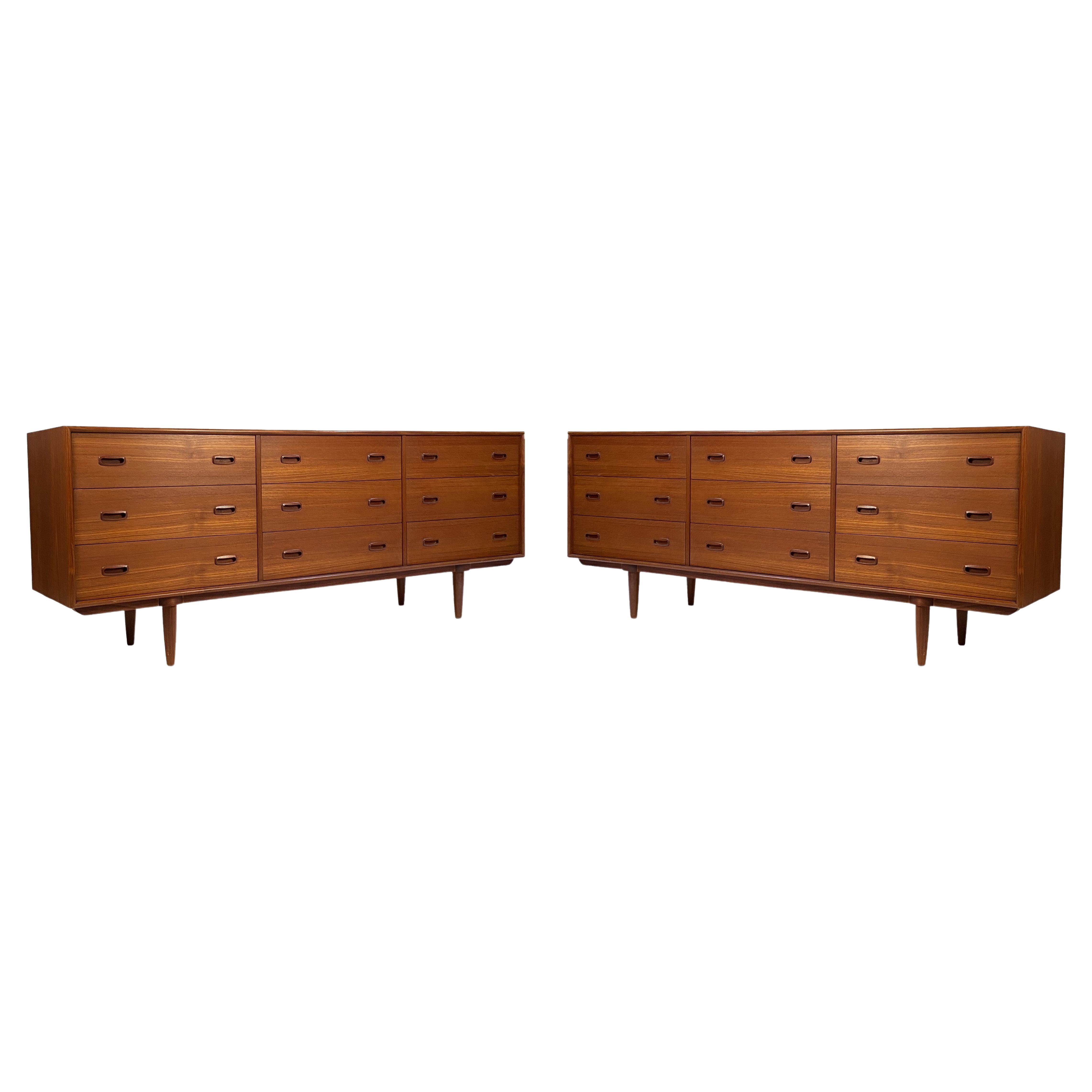 Danish Modern 9 Drawer Dressers in Teak with Oak Interiors 1960s, Pair