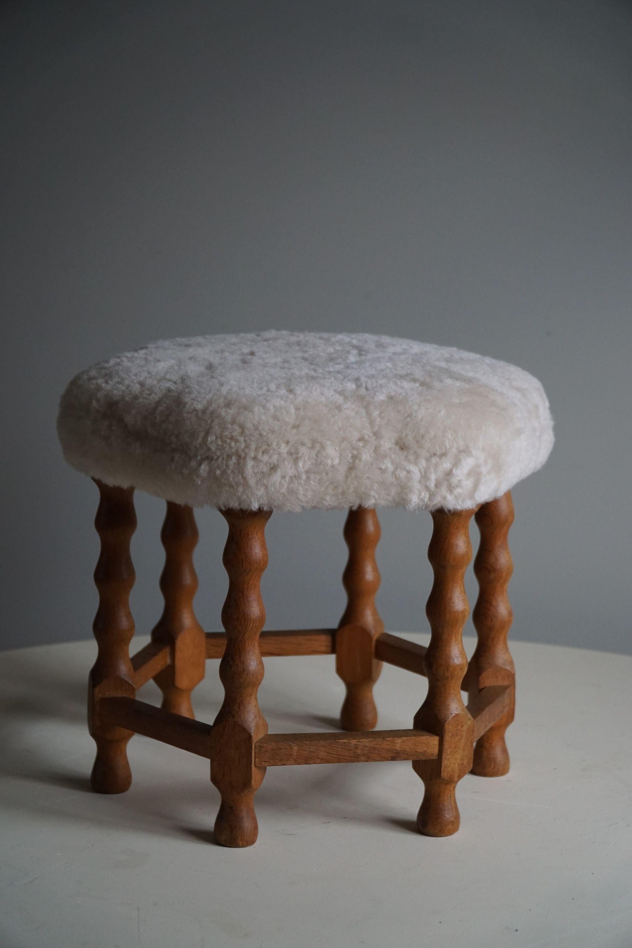 Danish Modern, A Hexagon Stool in Oak, Reupholstered Seat in Lambswool, 1950s For Sale 5