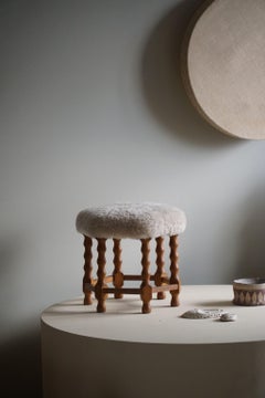 Danish Modern, A Hexagon Stool in Oak, Reupholstered Seat in Lambswool, 1950s