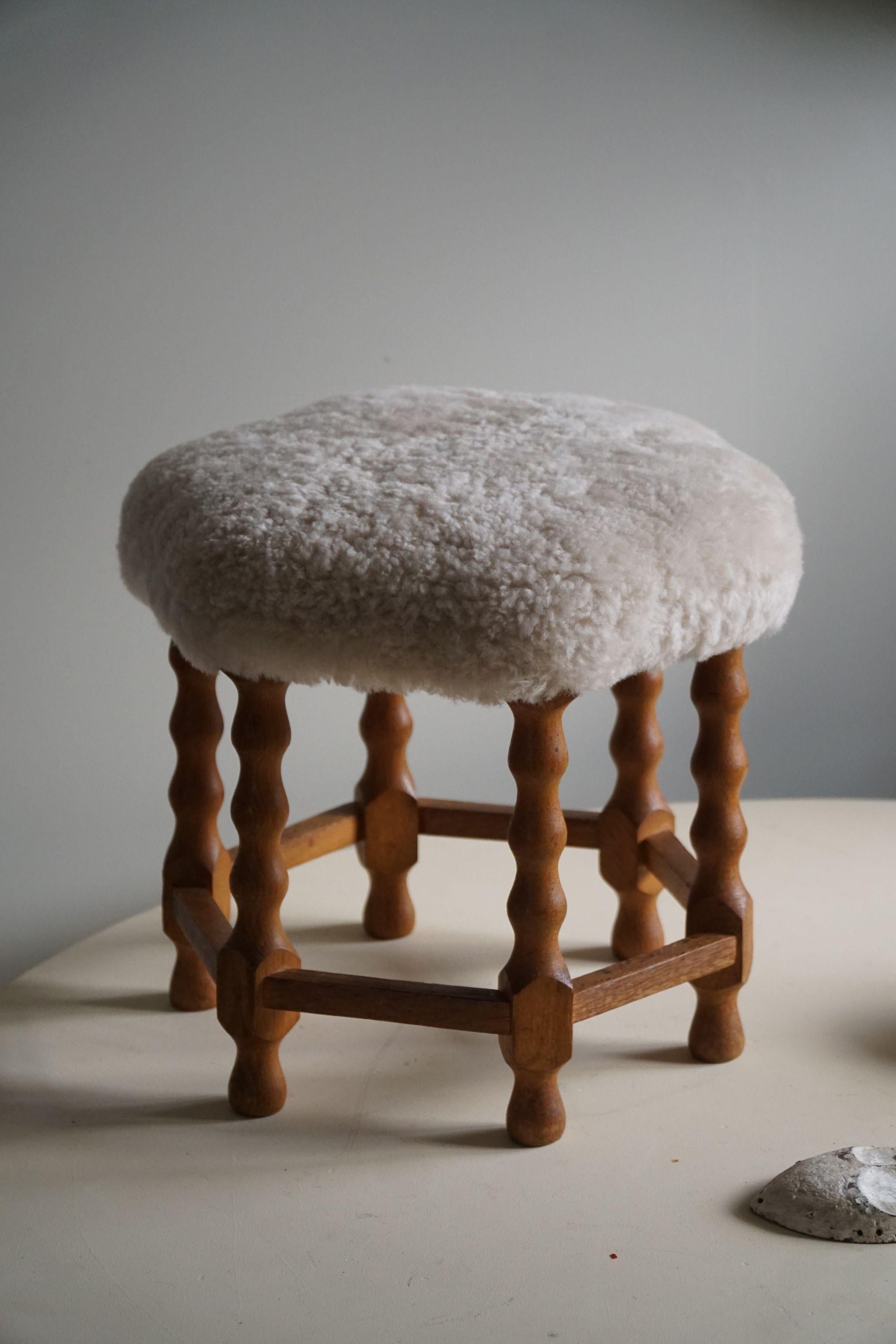Baroque Danish Modern, A Hexagon Stool in Oak, Reupholstered Seat in Lambswool, 1950s For Sale