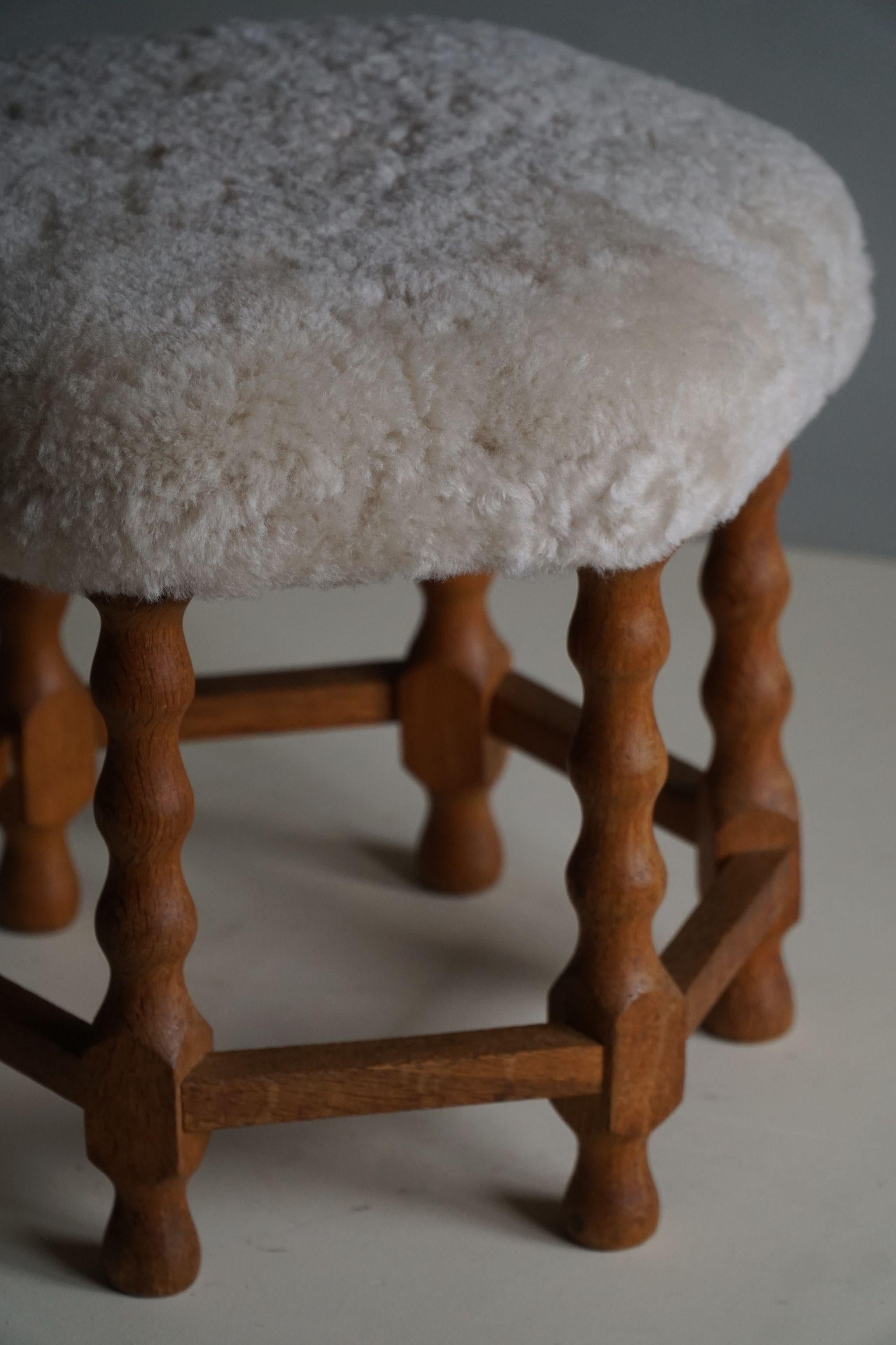 Danish Modern, A Hexagon Stool in Oak, Reupholstered Seat in Lambswool, 1950s For Sale 3