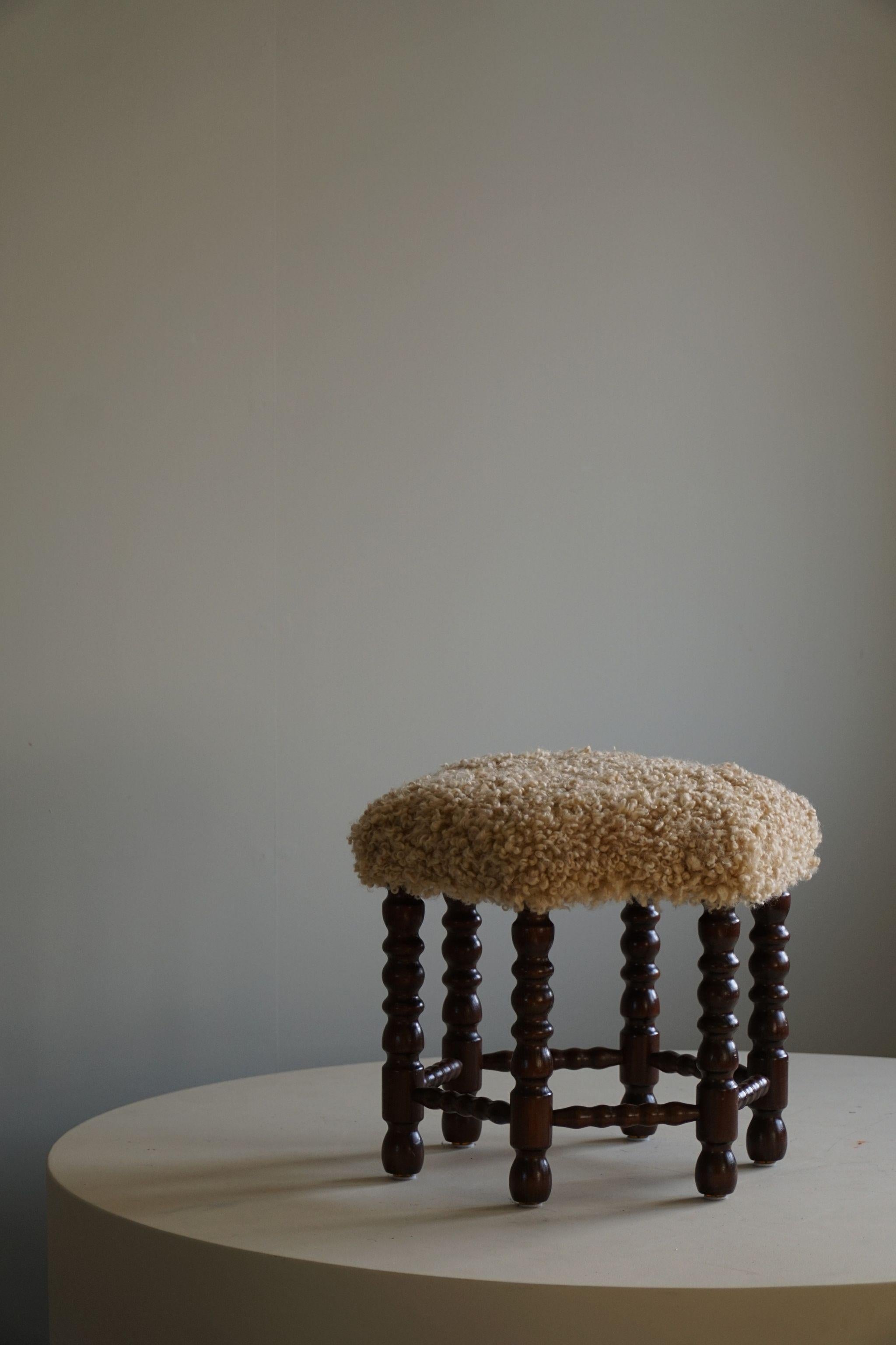 Danish Modern, A Hexagon Stool, Reupholstered Seat in Lambswool, 1950s 2