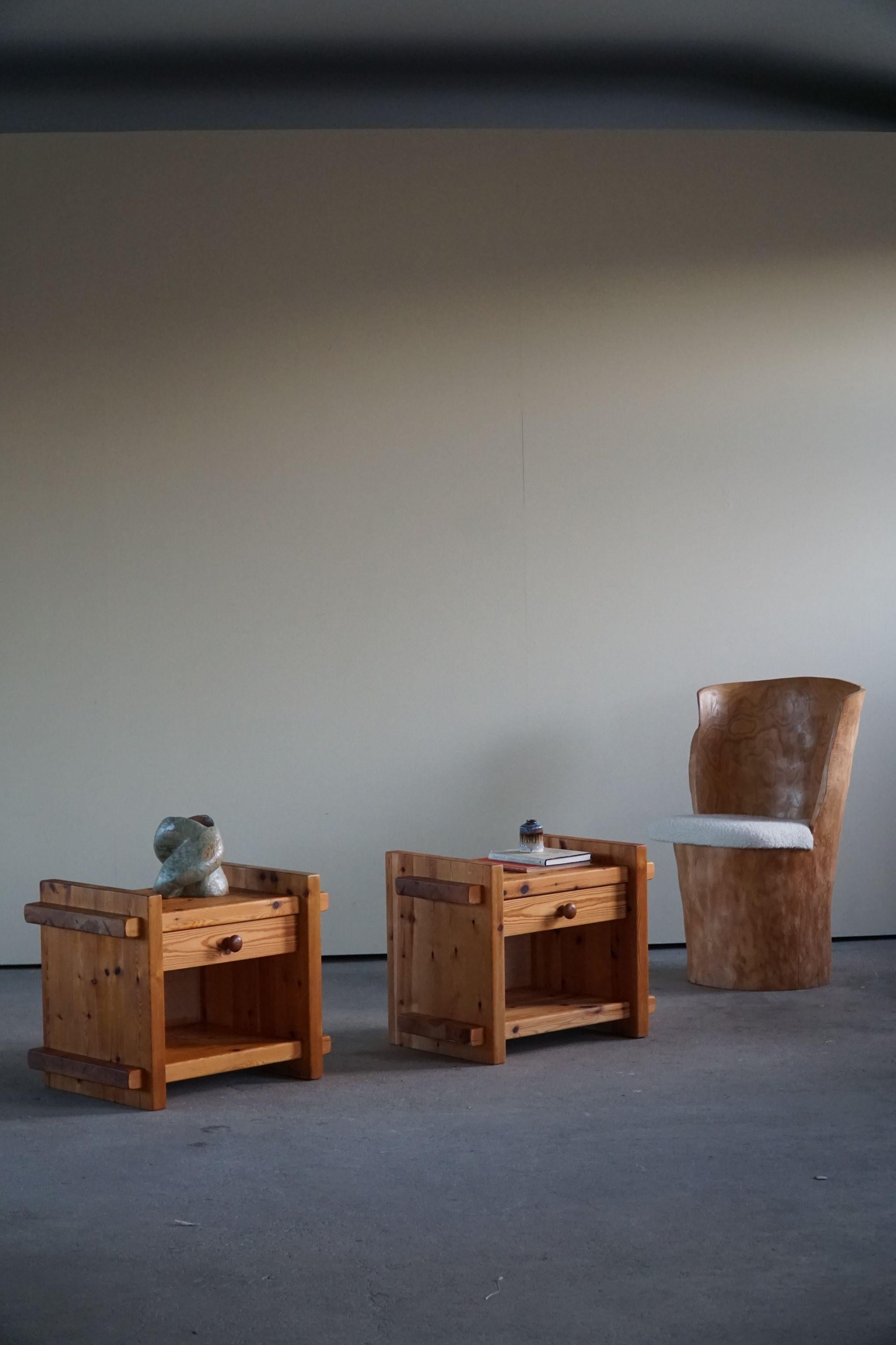 Late 20th Century Danish Modern, a Pair of Brutalist Night Stands in Solid Pine, 1980s