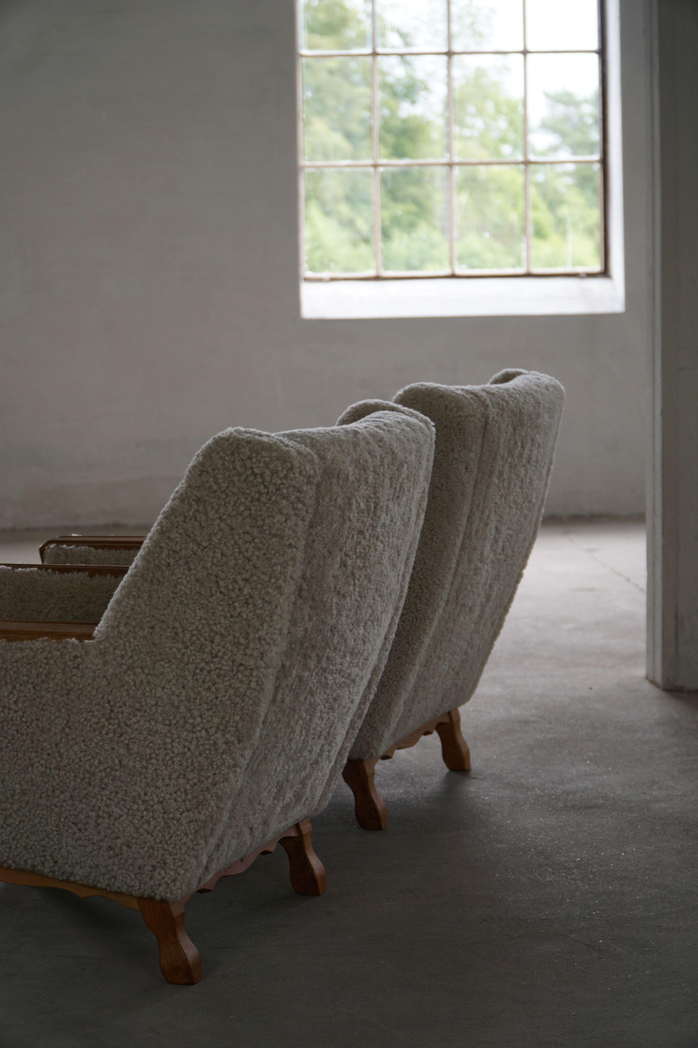 Danish Modern, A Pair of Easy Chairs in Oak & Lambswool, Henning Kjærnulf, 1960s For Sale 9