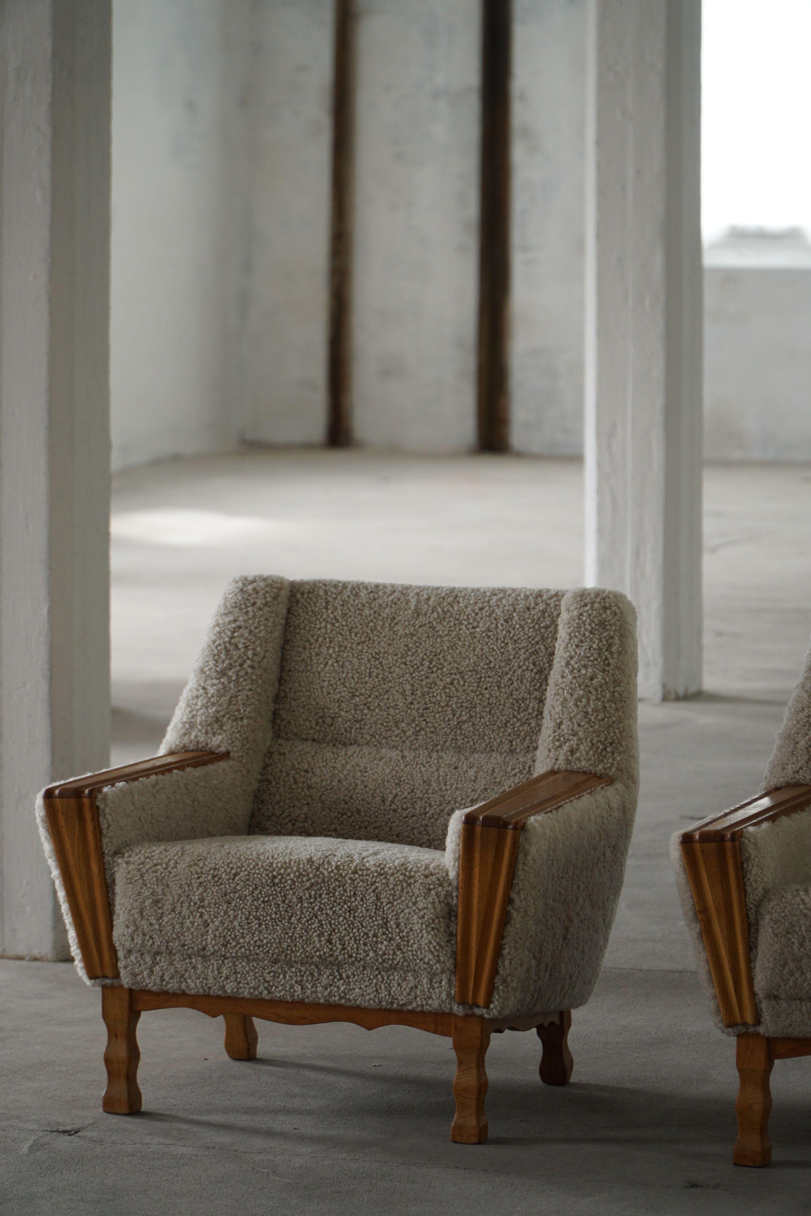 Mid-Century Modern Danish Modern, A Pair of Easy Chairs in Oak & Lambswool, Henning Kjærnulf, 1960s For Sale