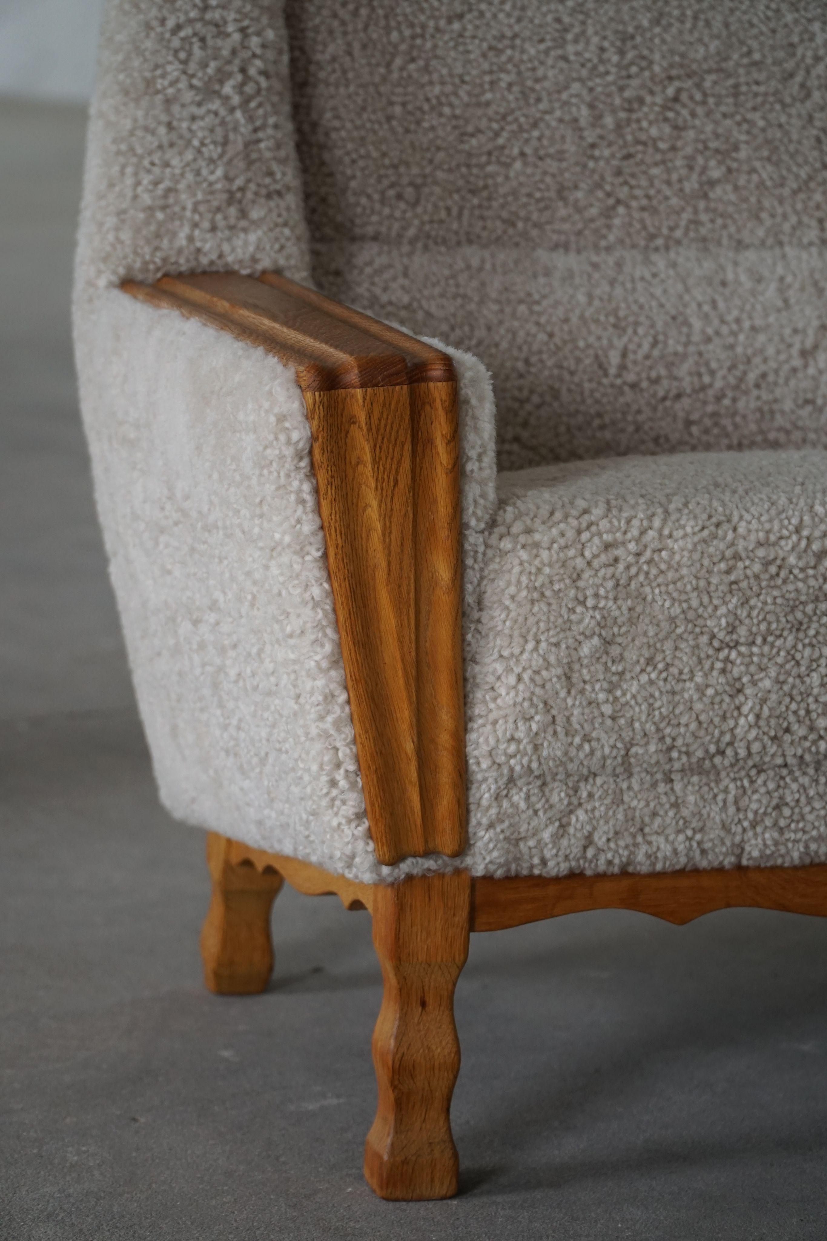 Lambskin Danish Modern, A Pair of Easy Chairs in Oak & Lambswool, Henning Kjærnulf, 1960s For Sale