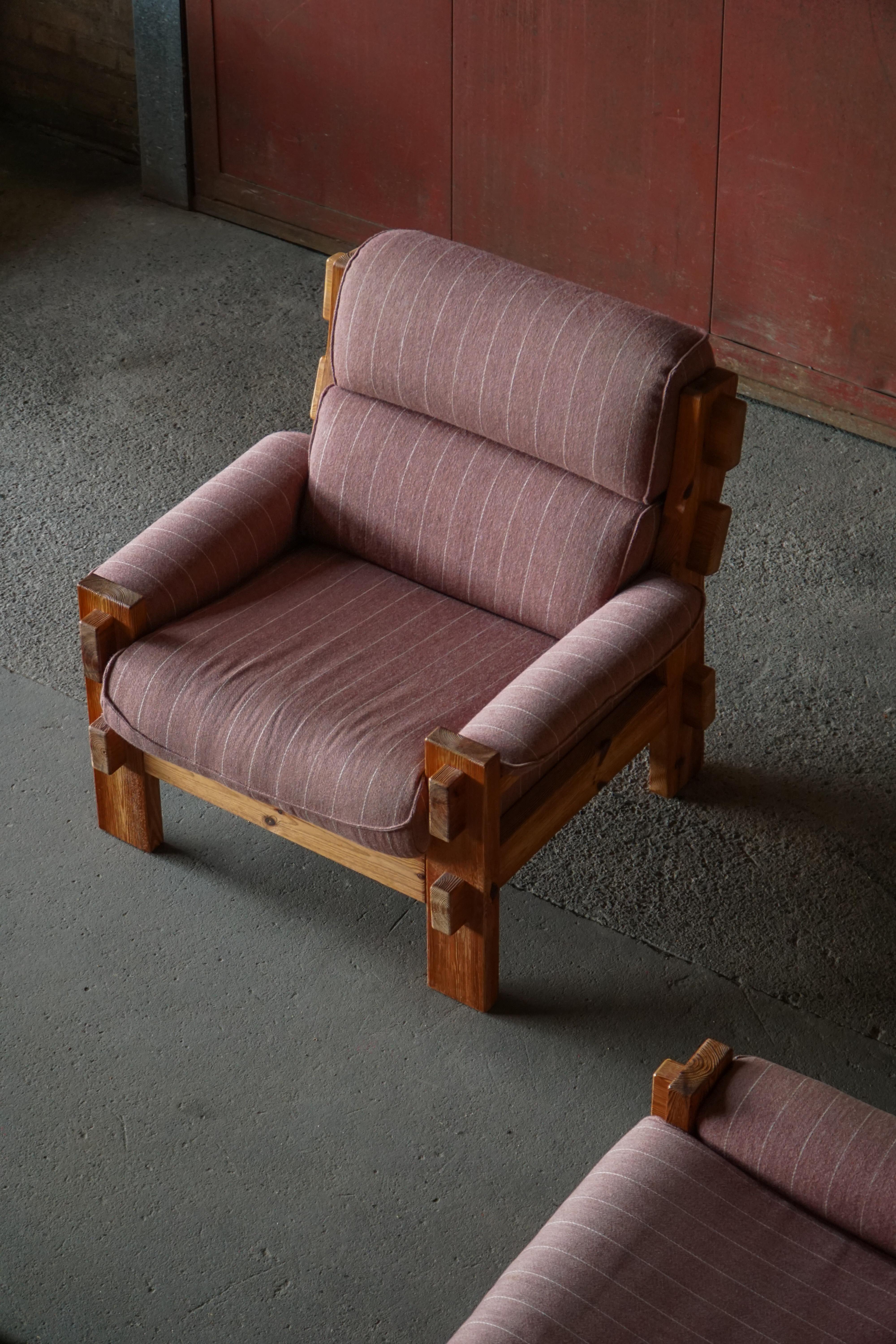 Brutalist Danish Modern, A Pair of Lounge Chairs in Pine & Wool by Christian IV, 1970s For Sale