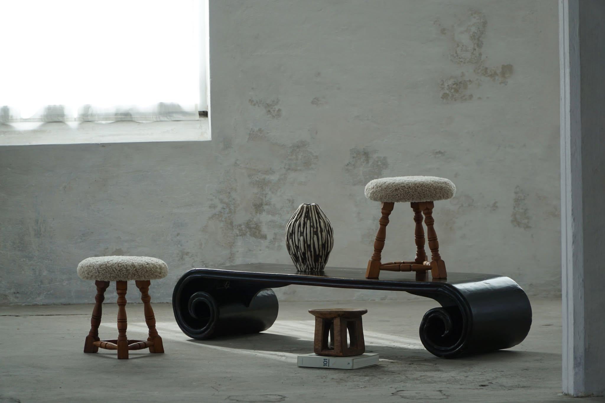 Danish Modern, A Pair of Oak Tripod Stools, Seats in Shearling Lambswool, 1950s For Sale 5