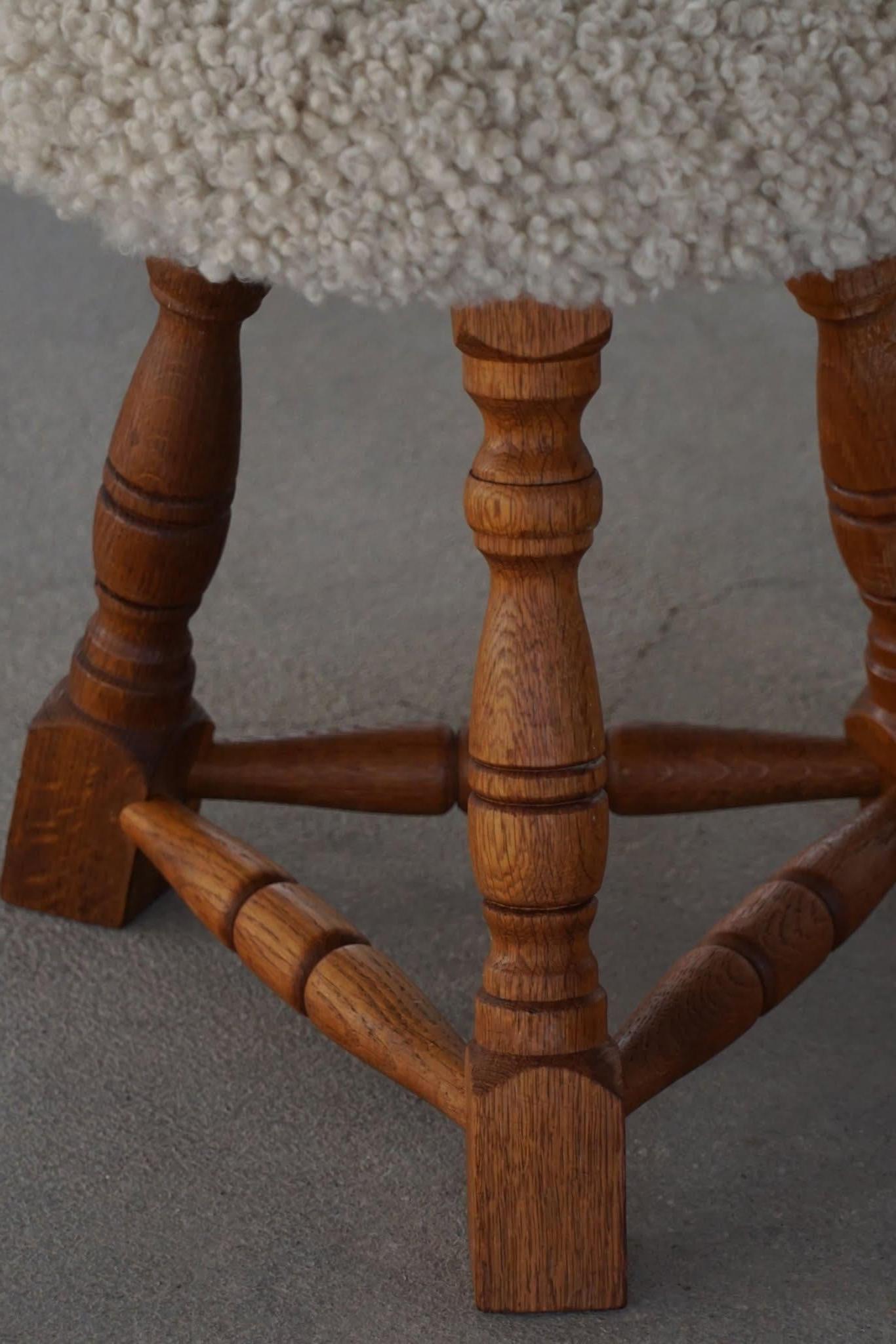 Danish Modern, A Pair of Oak Tripod Stools, Seats in Shearling Lambswool, 1950s For Sale 7