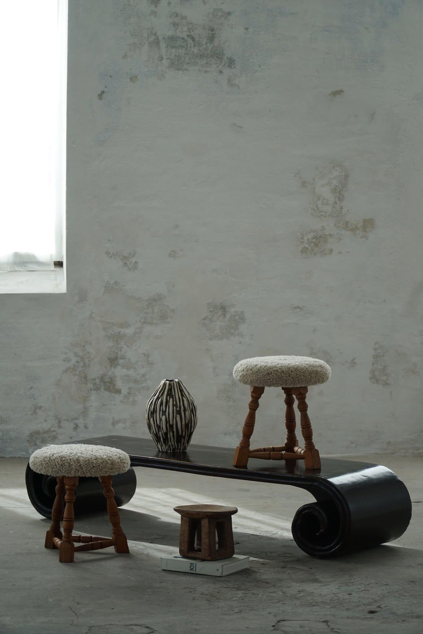 Baroque Danish Modern, A Pair of Oak Tripod Stools, Seats in Shearling Lambswool, 1950s For Sale