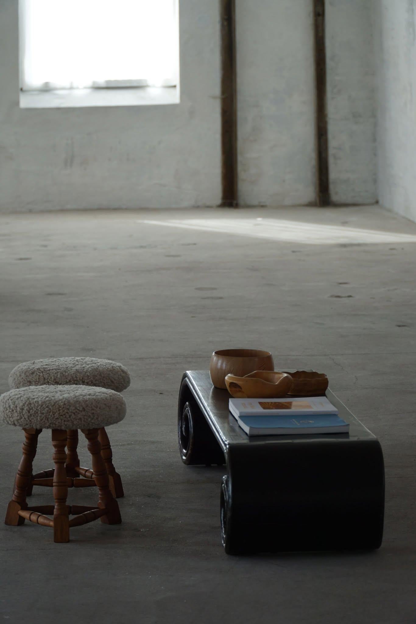 20th Century Danish Modern, A Pair of Oak Tripod Stools, Seats in Shearling Lambswool, 1950s For Sale
