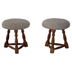 Danish Modern, A Pair of Oak Tripod Stools, Seats in Shearling Lambswool, 1950s