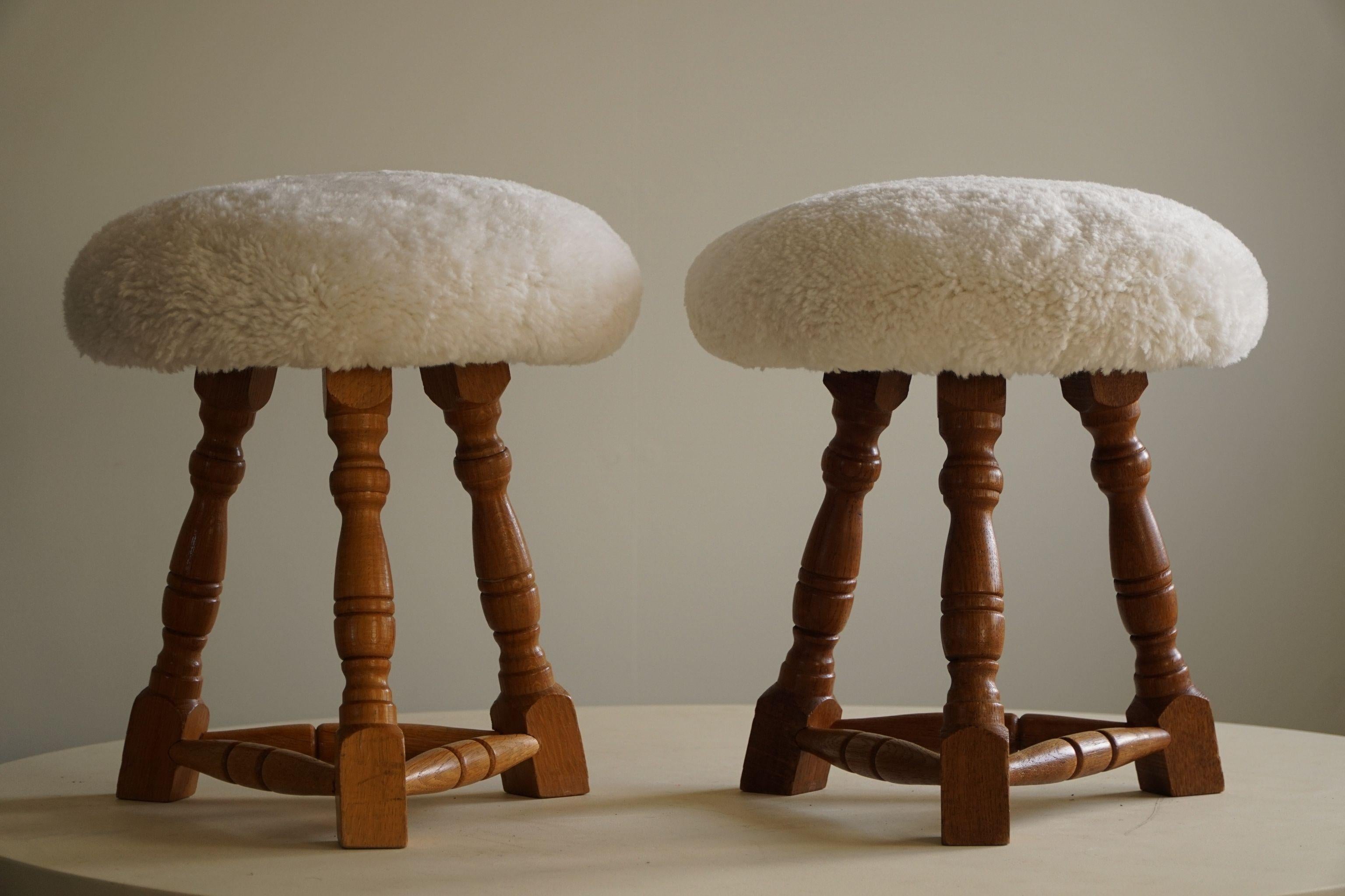 Danish Modern, A Pair of Tripod Stools, Reupholstered Seats in Lambswool, 1950s 7