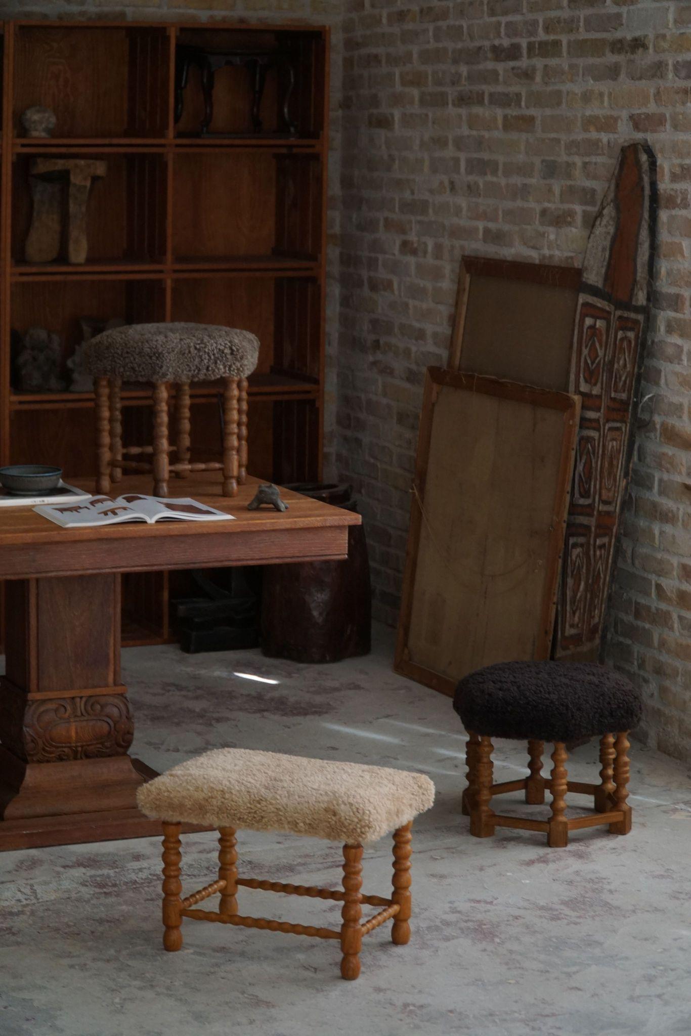 Baroque Danish Modern, A Rectangular Stool in Oak, Reupholstered Seat in Lambswool, 1950