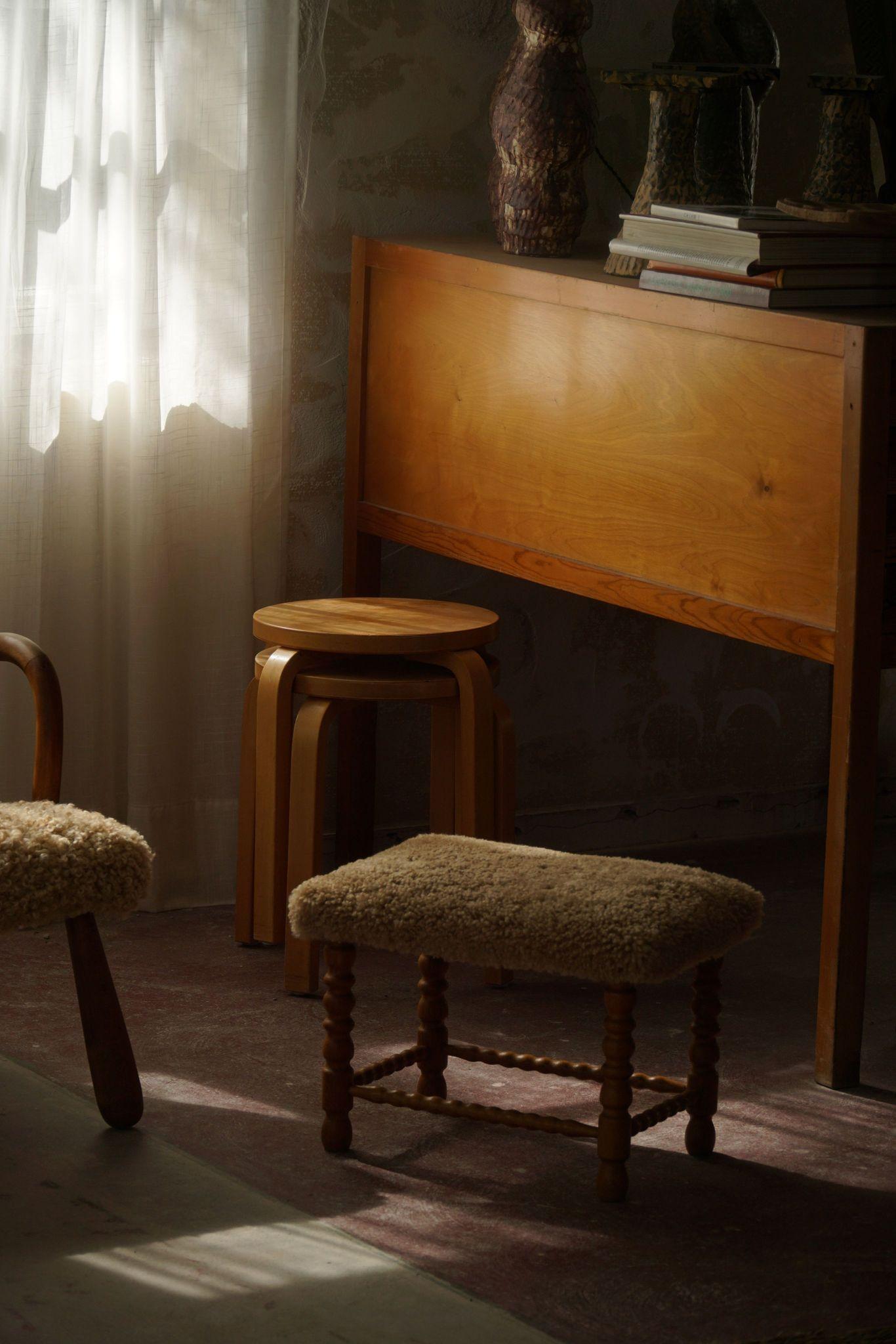 Lambskin Danish Modern, A Rectangular Stool in Oak, Reupholstered Seat in Lambswool, 1950