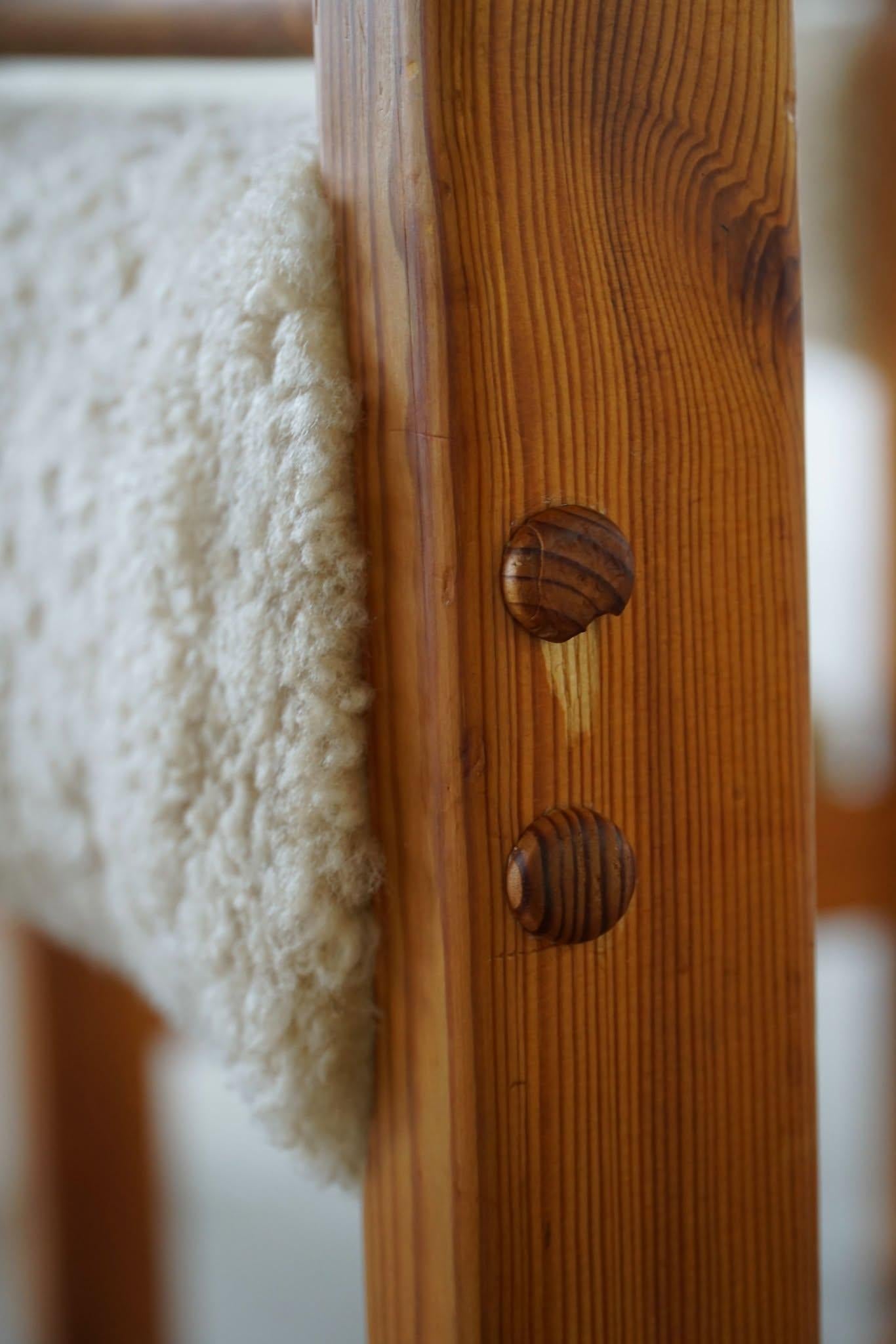 Danish Modern, A Set of 6 Brutalist Dining Chairs in Pine & Lambswool, 1970s For Sale 3