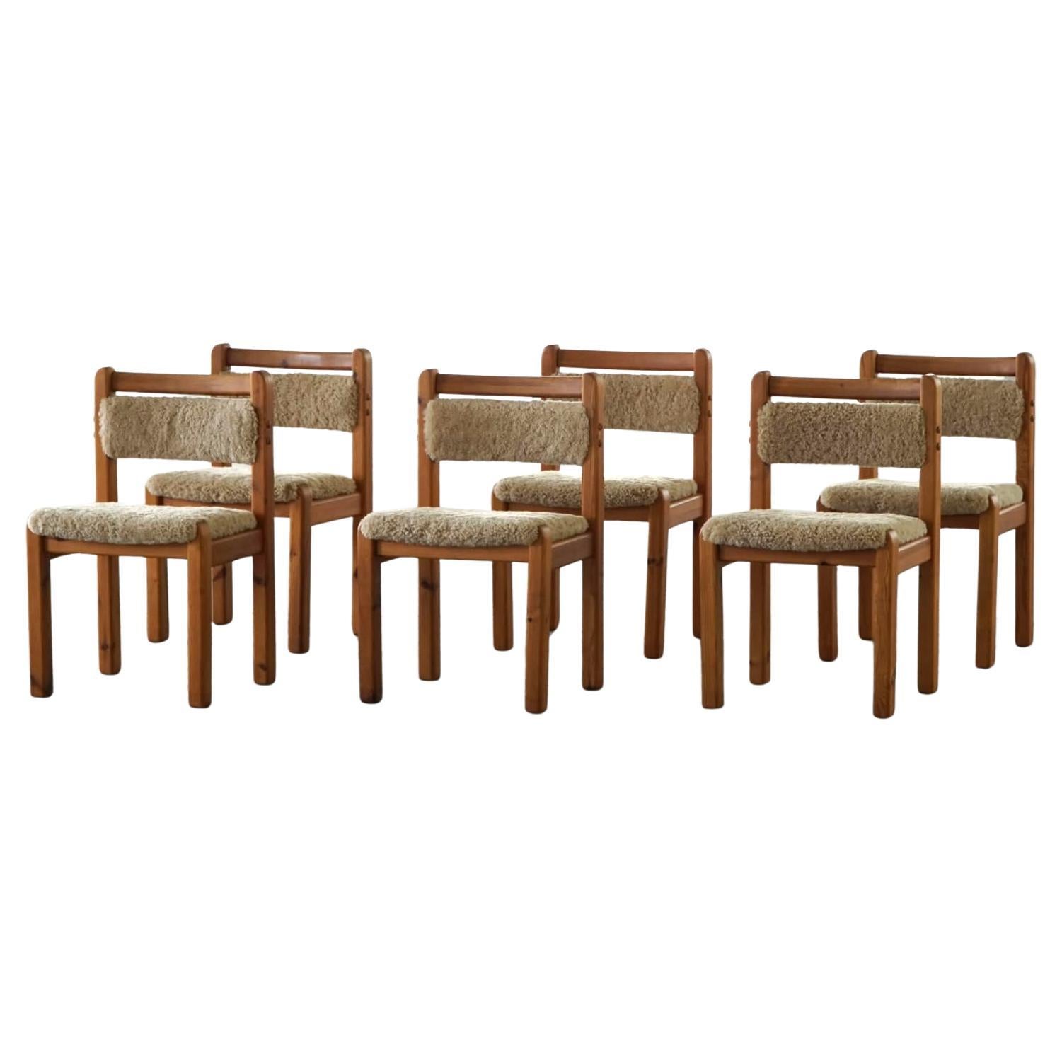 Danish Modern, A Set of 6 Brutalist Dining Chairs in Pine & Lambswool, 1970s For Sale