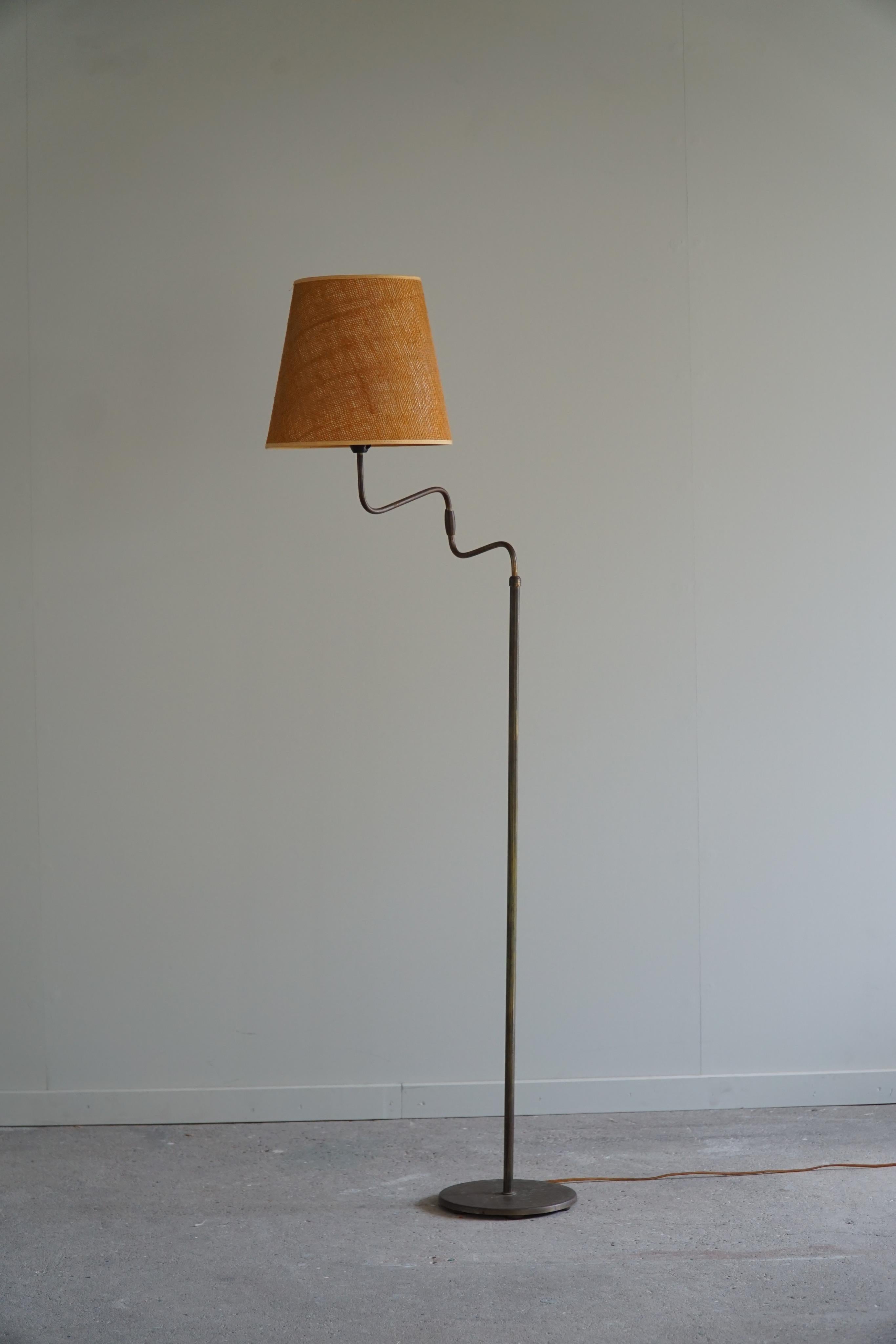 Art Deco Danish Modern, Adjustable Swing Arm Floor Lamp in Brass, Midcentury, 1950s