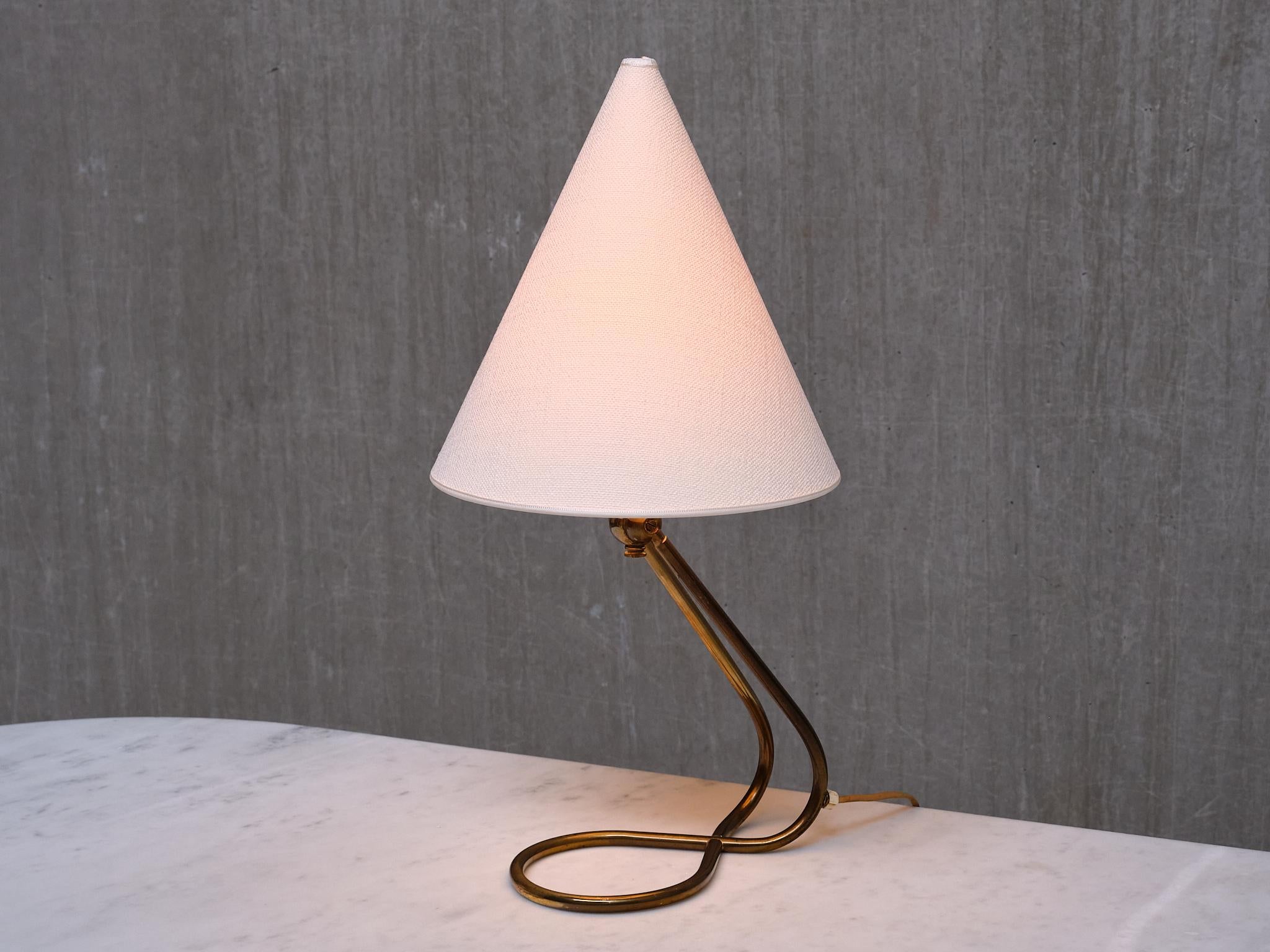 Mid-20th Century Danish Modern Adjustable Table / Desk Lamp with Brass Base and Cone Shade, 1950s For Sale