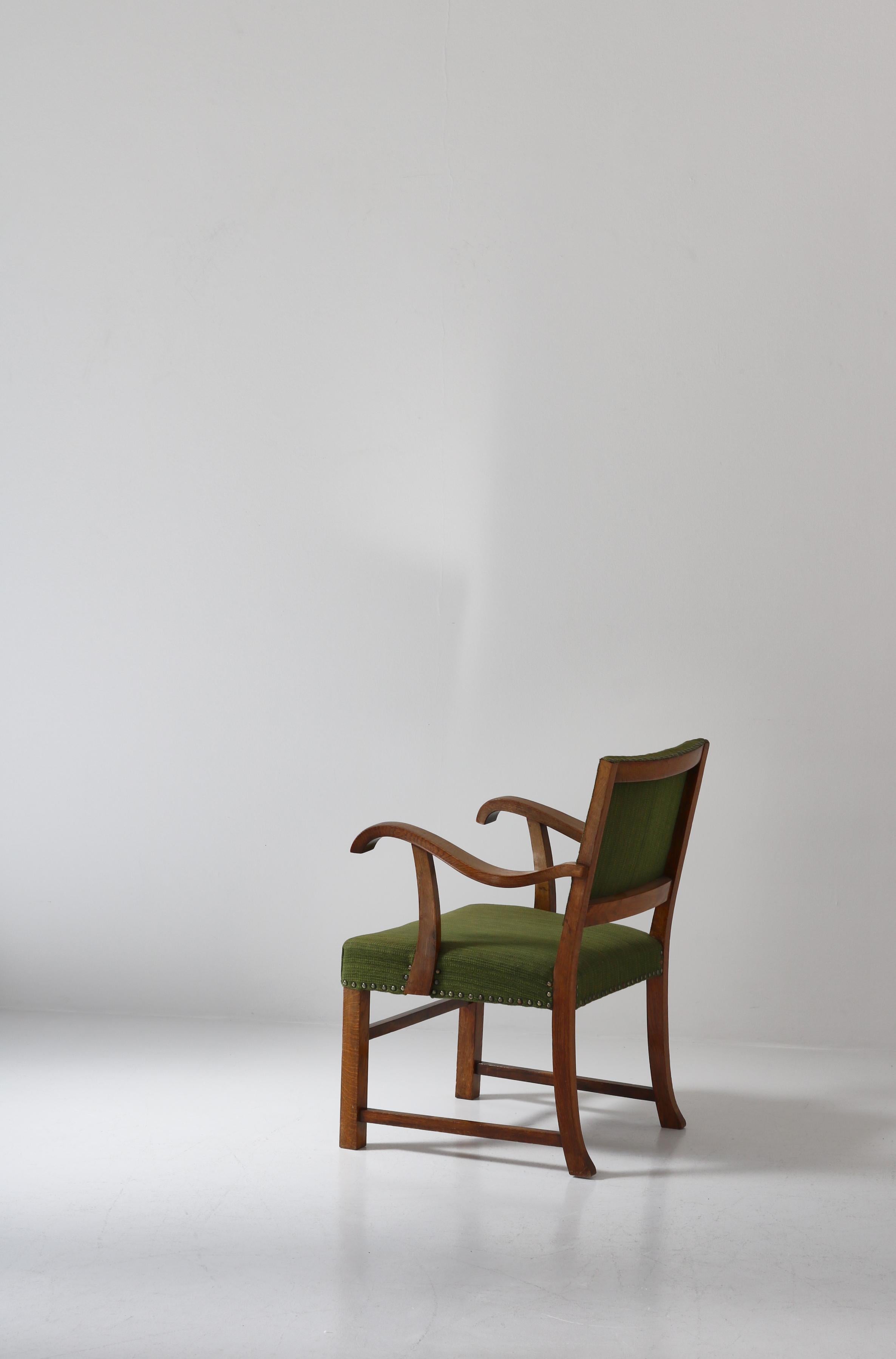 Wool Danish Modern Armchair in Solid Oak by Cabinetmaker S. Thrane, Denmark, 1940s For Sale