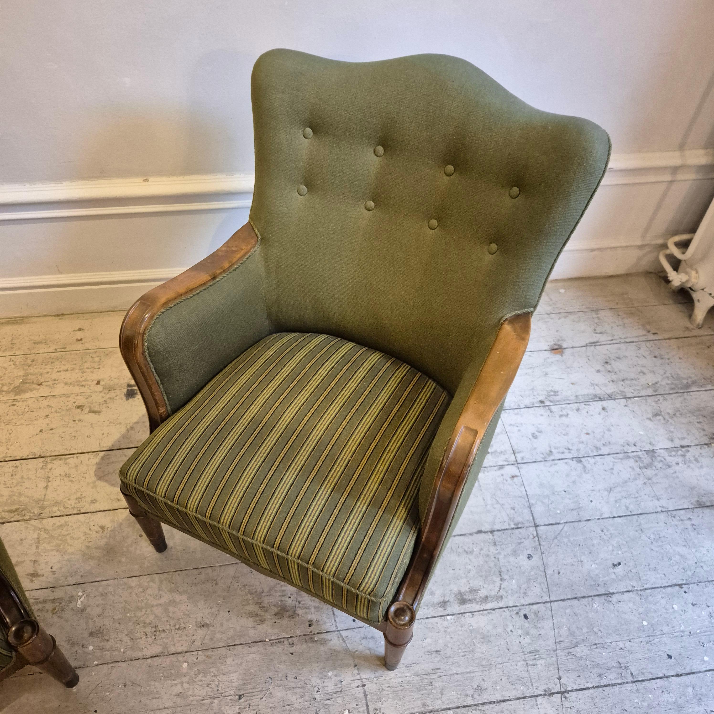 Scandinavian Modern Danish Modern armchairs by Alfred Christensen. Beautiful shape, brass feet. For Sale