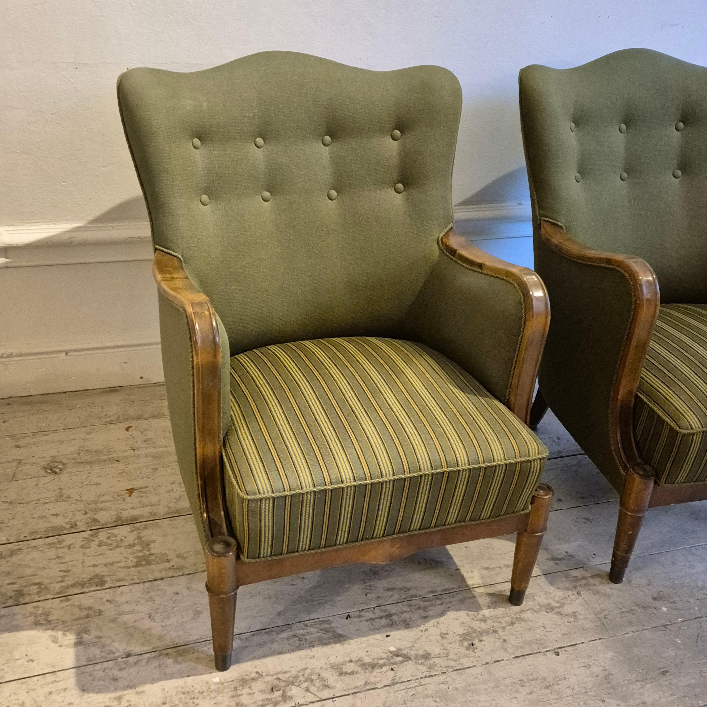 Danish Modern armchairs by Alfred Christensen. Beautiful shape, brass feet. For Sale 1