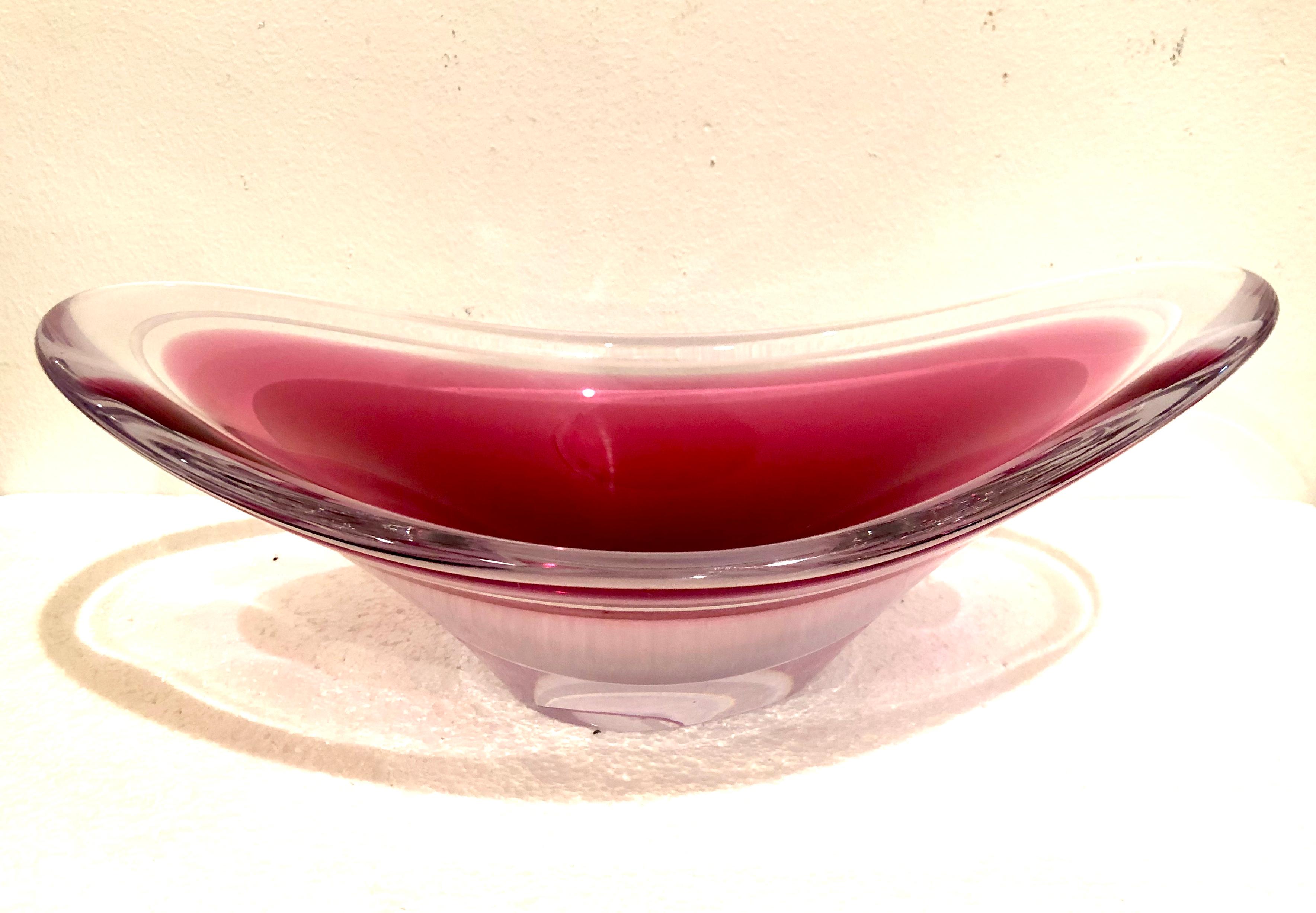 Spectacular color, from clear to pink. Signed and dated coquille Flygsfors. Beautiful large centerpiece elliptical blown glass bowl.