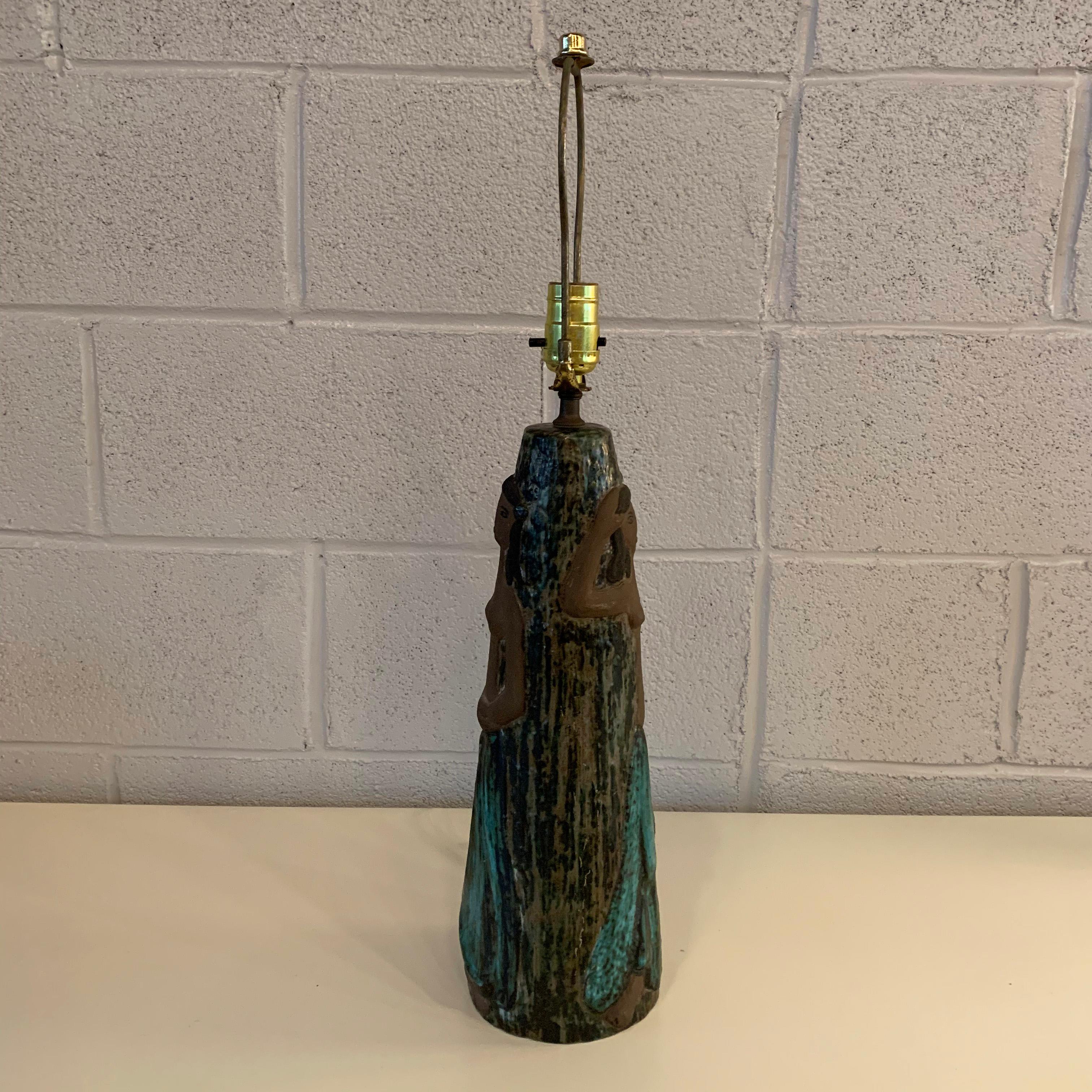 Scandinavian Modern, art pottery table lamp depicting indigenous female figures, marked Ravnild, Denmark. The height of the lamp to the socket is 19 inches.