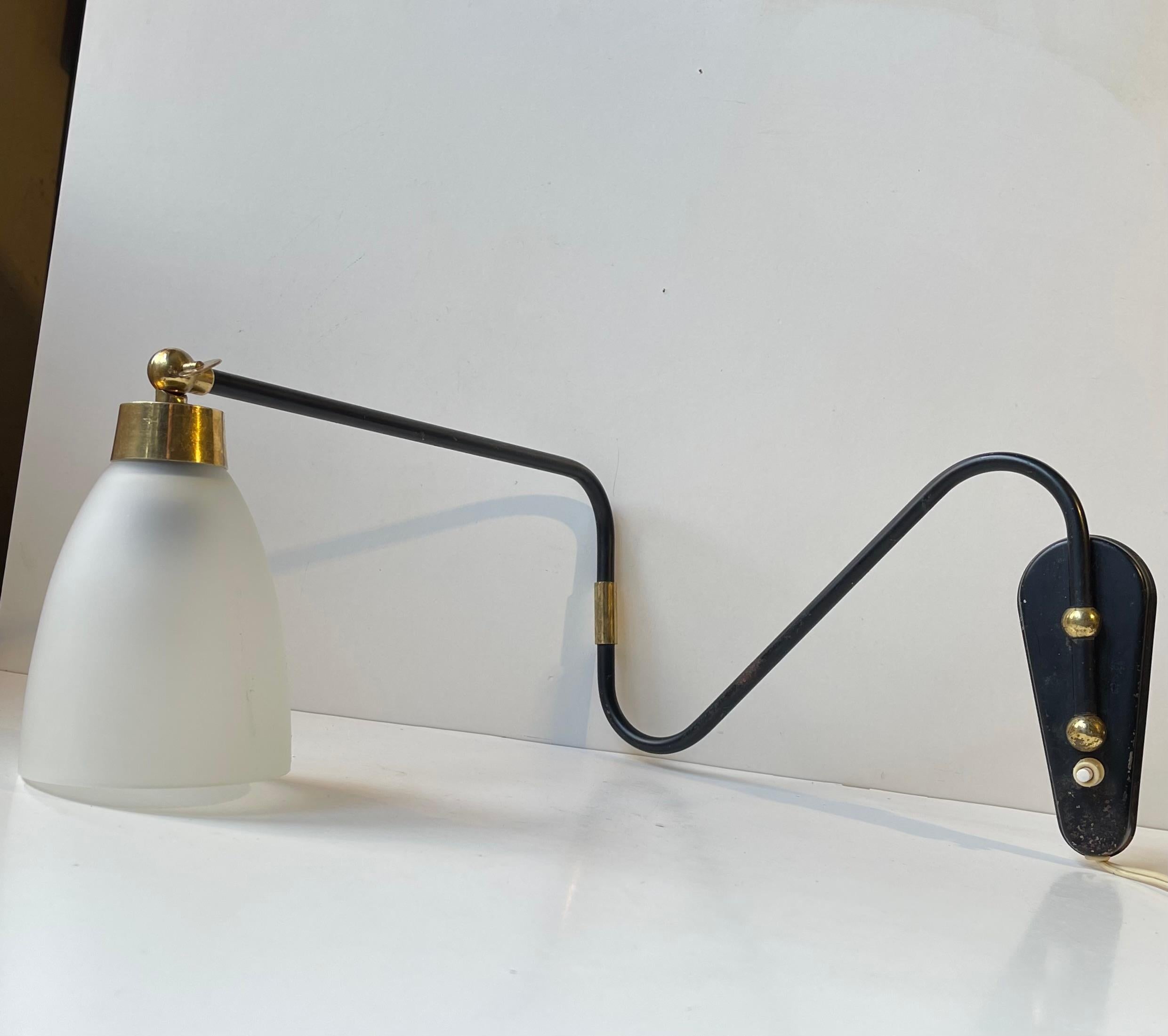 Mid-Century Modern Danish Modern Articulated Black Wall Light wBrass Accents & Frosted Glass Shade For Sale