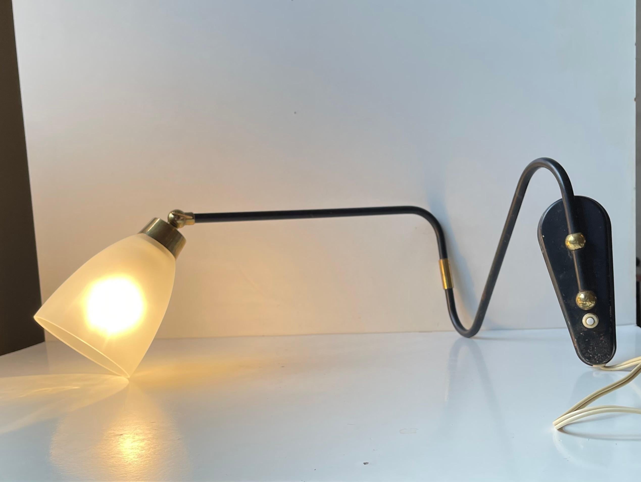 20th Century Danish Modern Articulated Black Wall Light wBrass Accents & Frosted Glass Shade For Sale