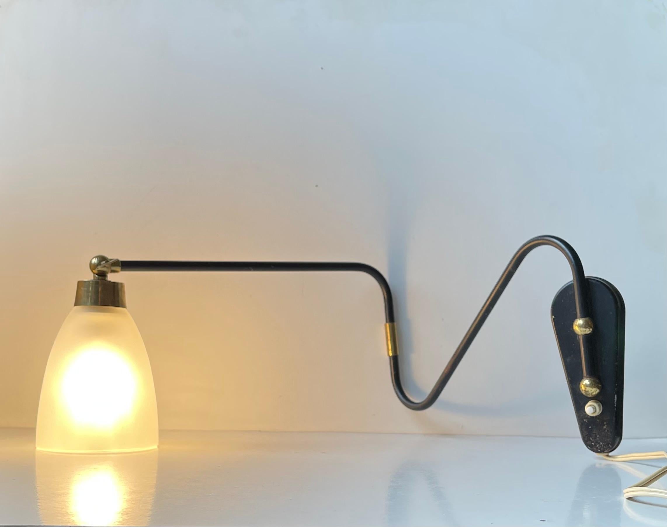 Danish Modern Articulated Black Wall Light wBrass Accents & Frosted Glass Shade For Sale 1