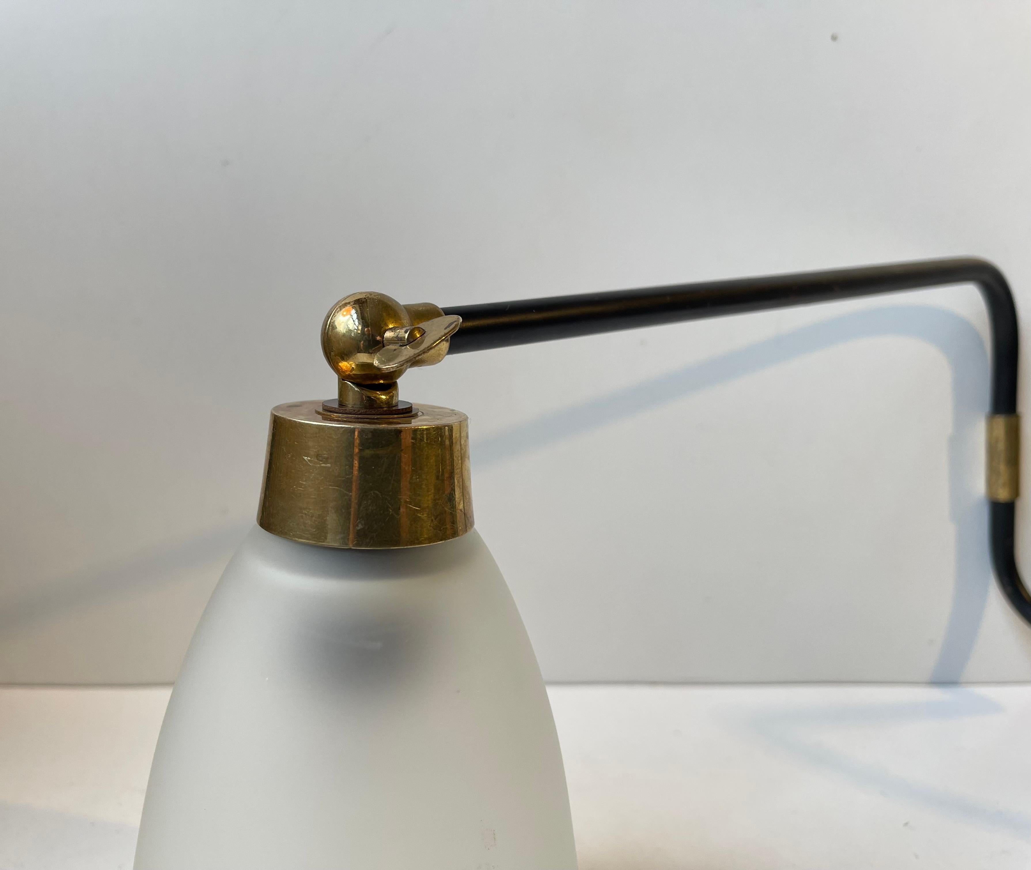 Danish Modern Articulated Black Wall Light wBrass Accents & Frosted Glass Shade For Sale 2