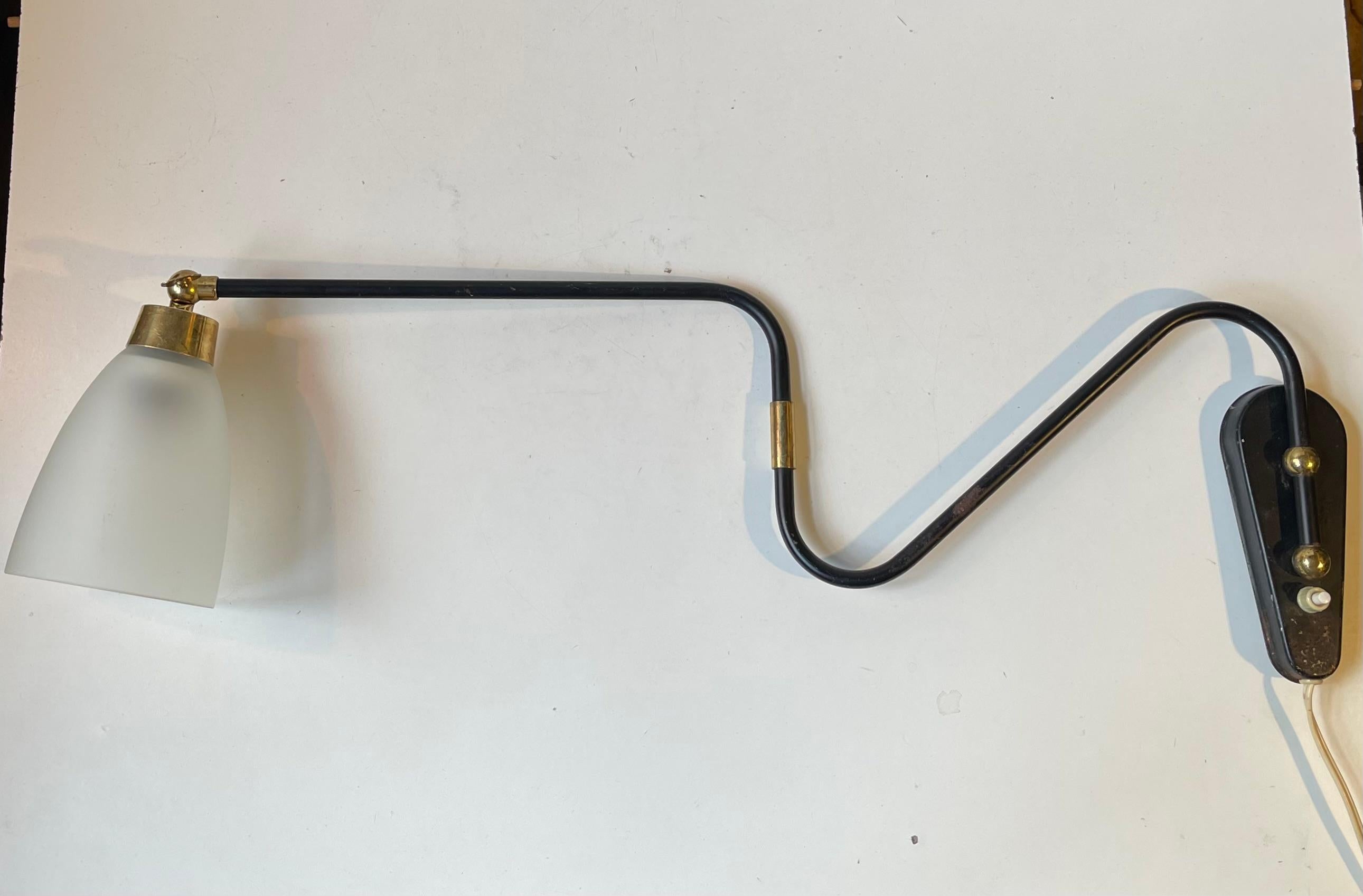 Danish Modern Articulated Black Wall Light wBrass Accents & Frosted Glass Shade For Sale 3