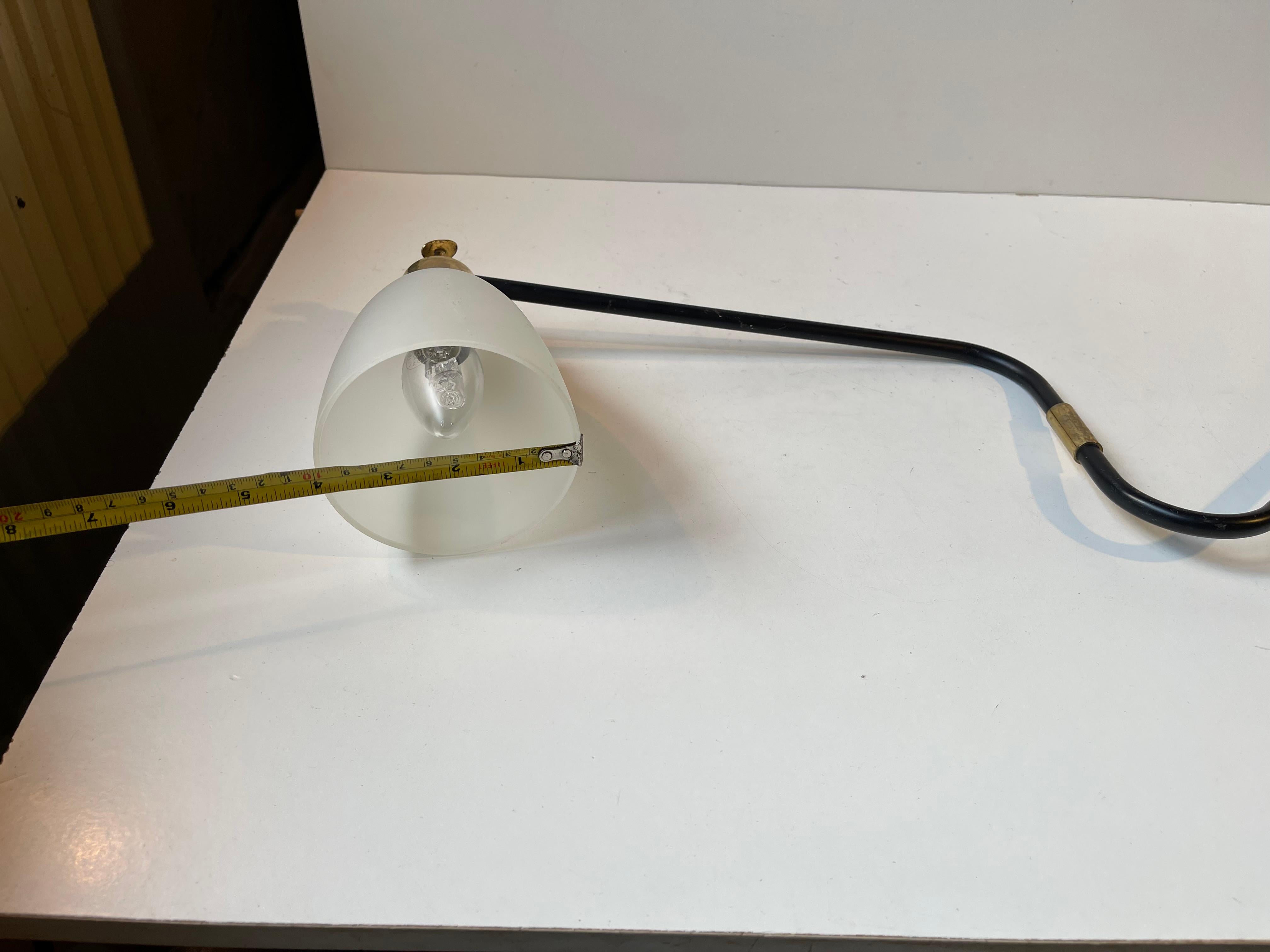 Danish Modern Articulated Black Wall Light wBrass Accents & Frosted Glass Shade For Sale 4