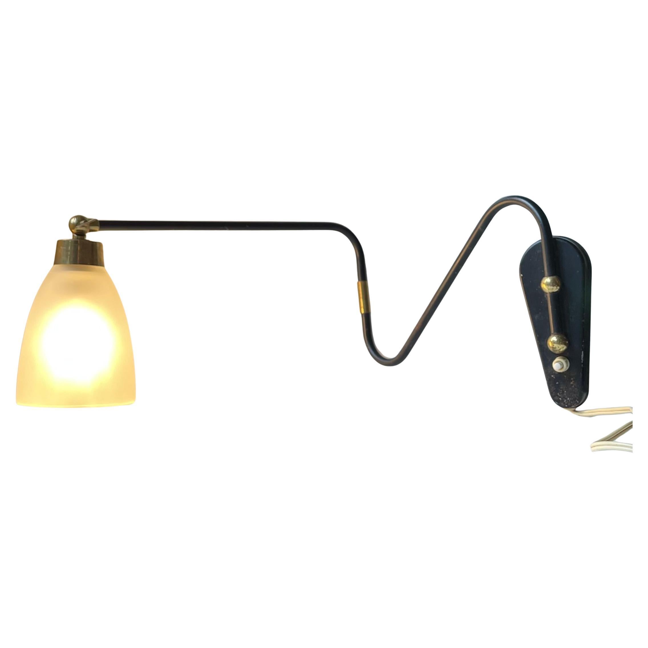 Danish Modern Articulated Black Wall Light wBrass Accents & Frosted Glass Shade For Sale