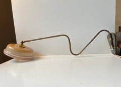 Danish Modern Articulated Brass Swing Arm Wall Light w. Striped Glass Shade