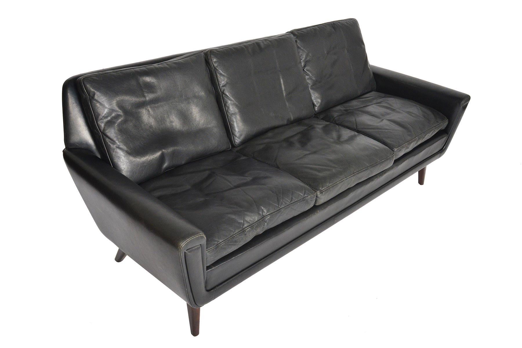 Scandinavian Modern Danish Modern Atomic Black Leather Three-Seat Sofa