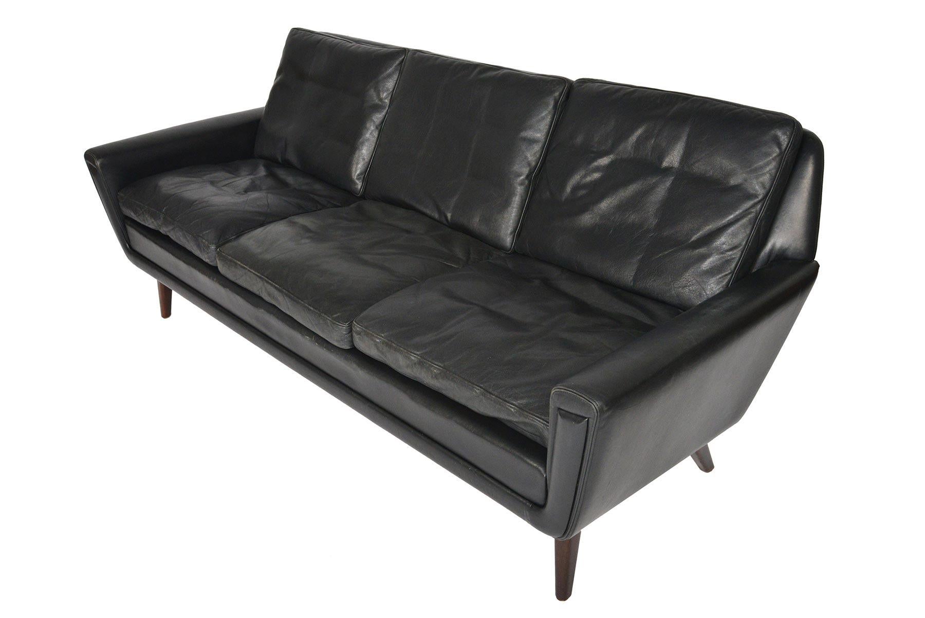 20th Century Danish Modern Atomic Black Leather Three-Seat Sofa