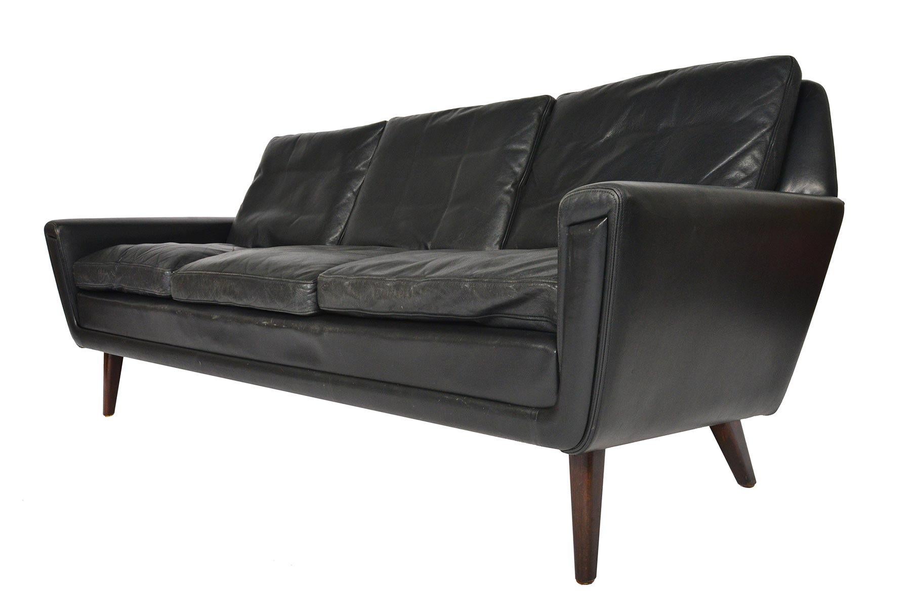 Danish Modern Atomic Black Leather Three-Seat Sofa 1