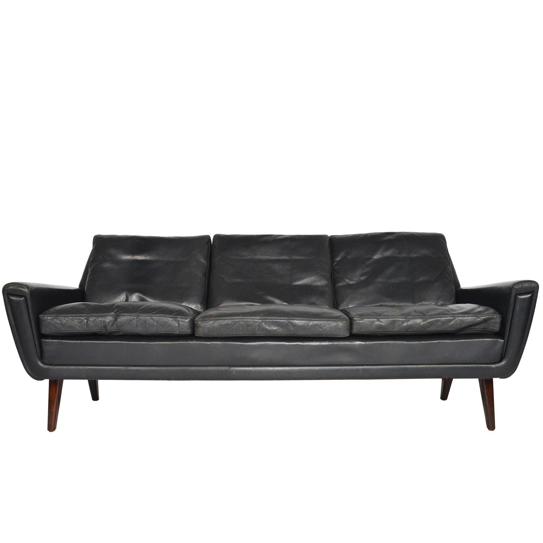 Danish Modern Atomic Black Leather Three-Seat Sofa